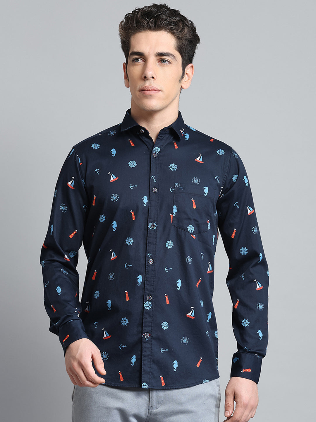 Men Navy Blue Printed Collar Full Sleeve Shirt