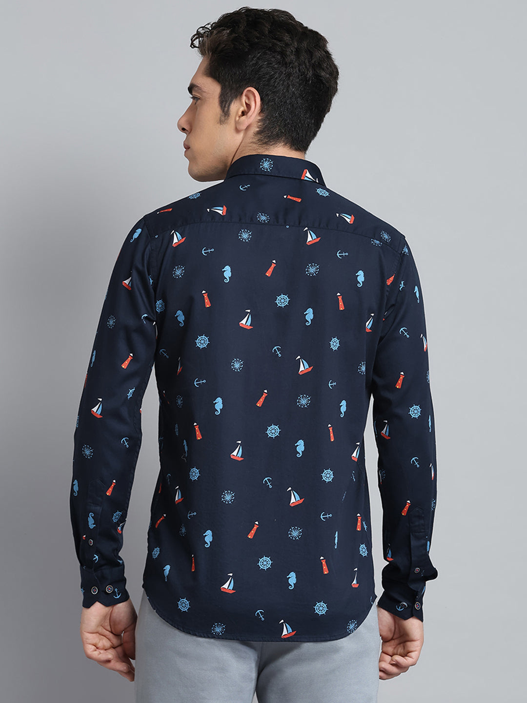 Men Navy Blue Printed Collar Full Sleeve Shirt