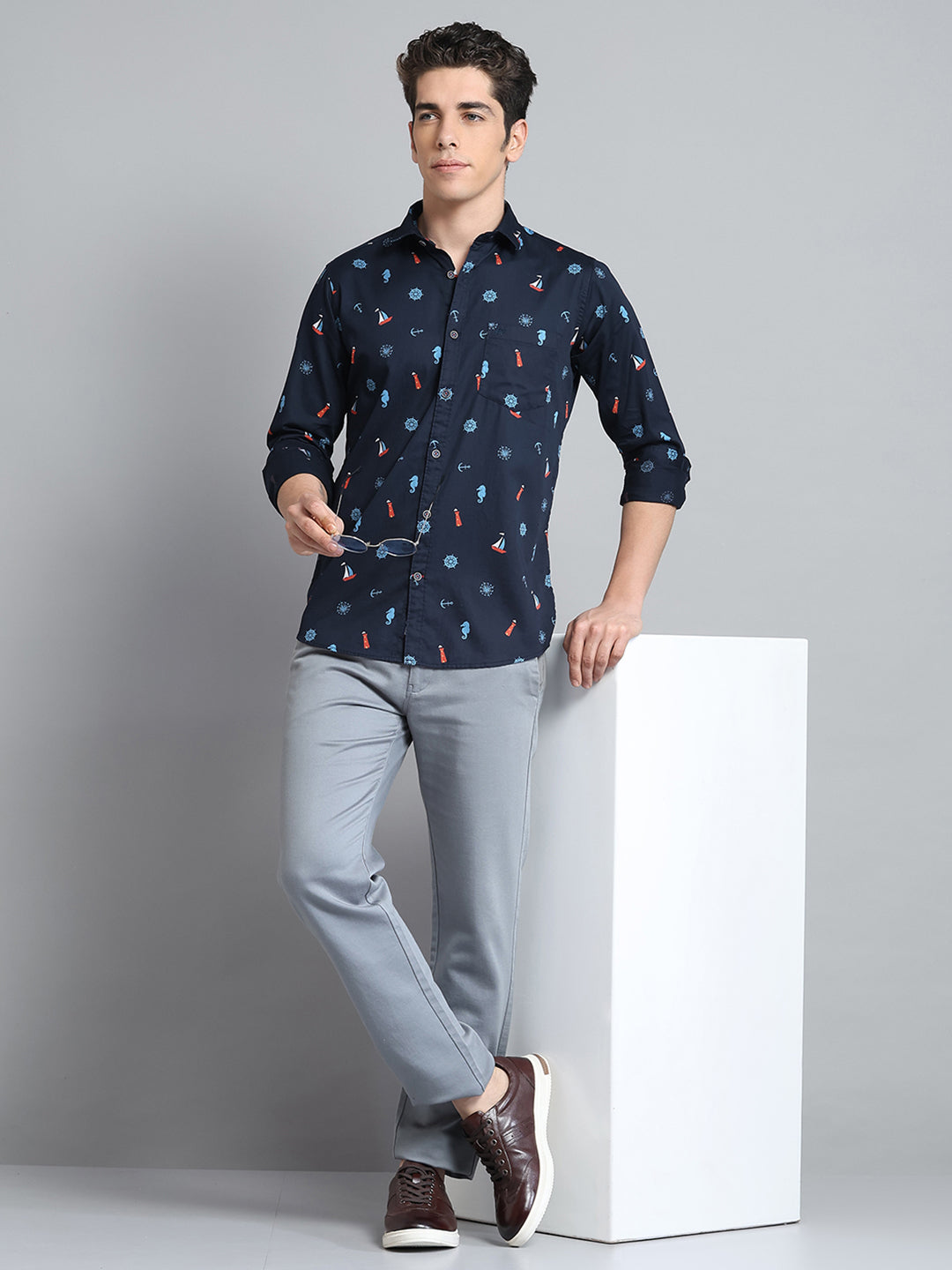 Men Navy Blue Printed Collar Full Sleeve Shirt