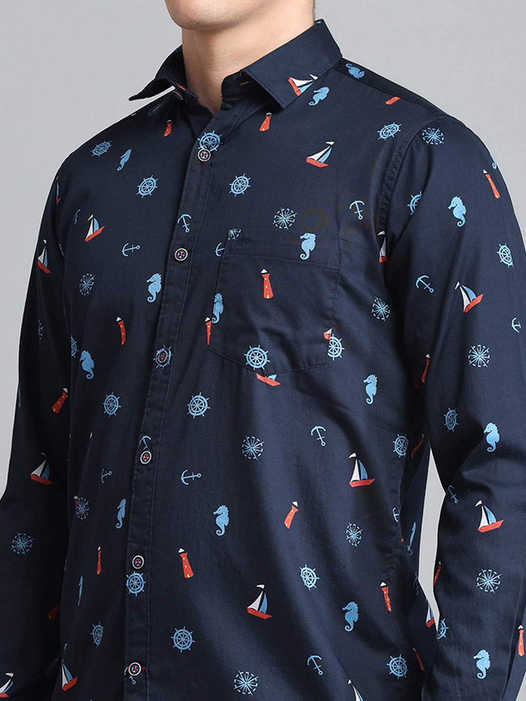 Men Navy Blue Printed Collar Full Sleeve Shirt