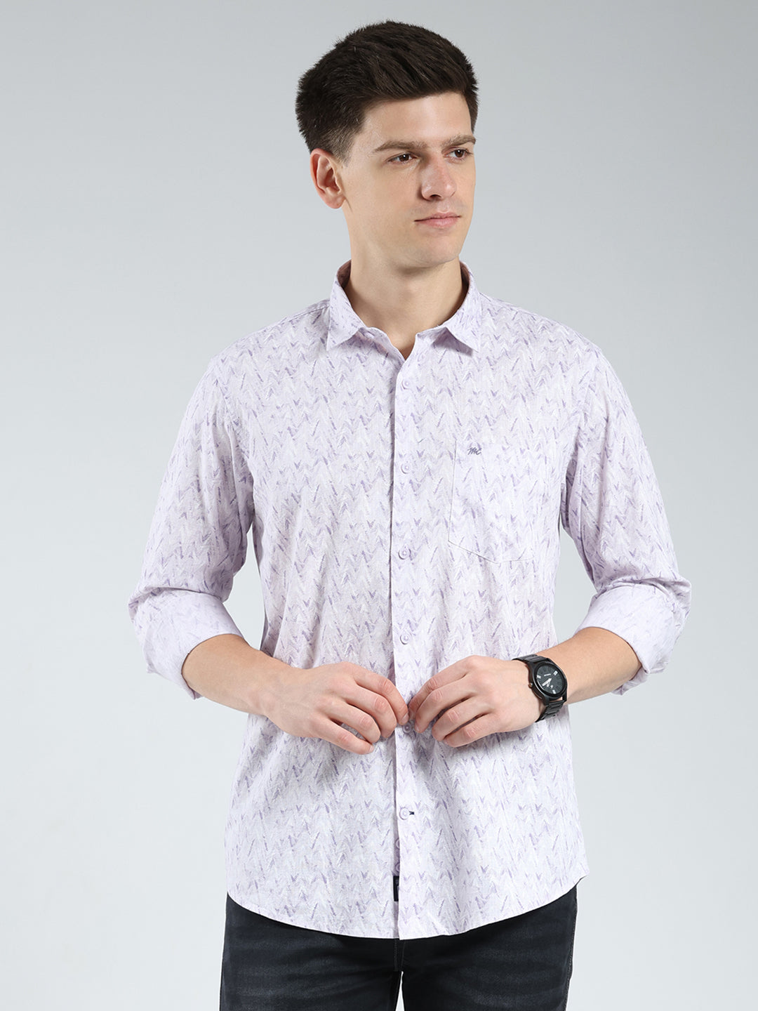 Men Purple Printed Collar Full Sleeve Shirt