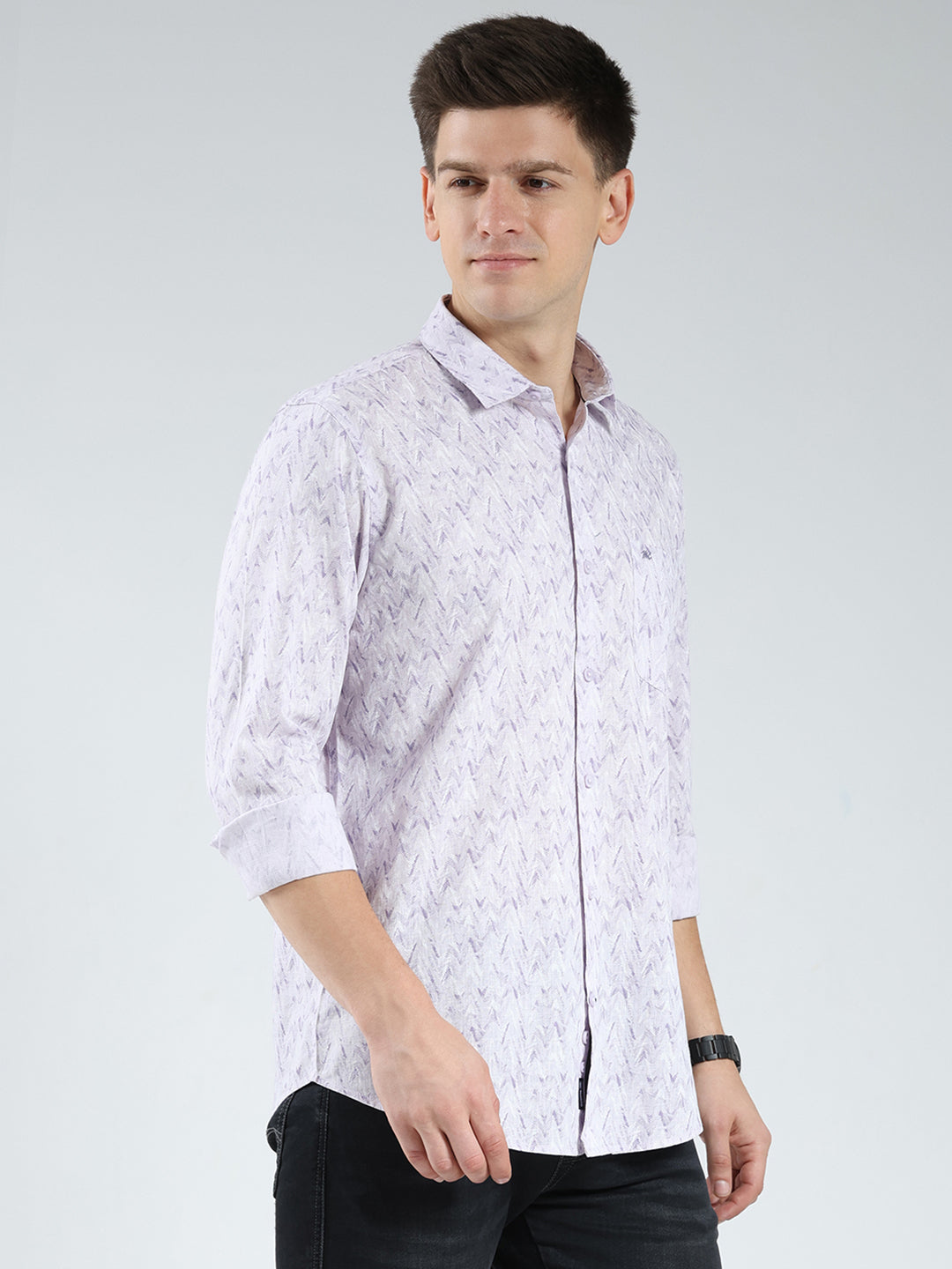 Men Purple Printed Collar Full Sleeve Shirt