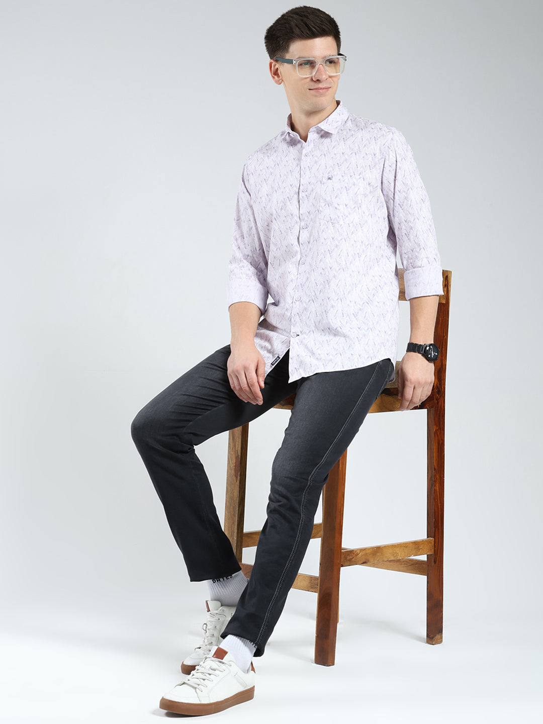 Men Purple Printed Collar Full Sleeve Shirt