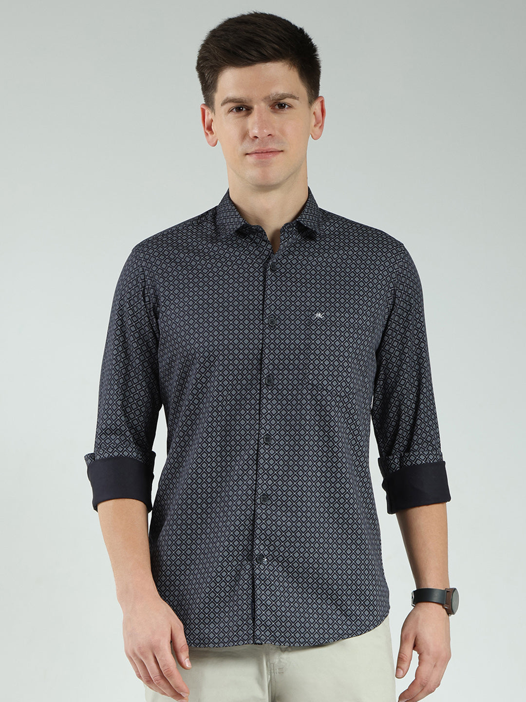 Men Navy Blue Printed Collar Full Sleeve Shirt