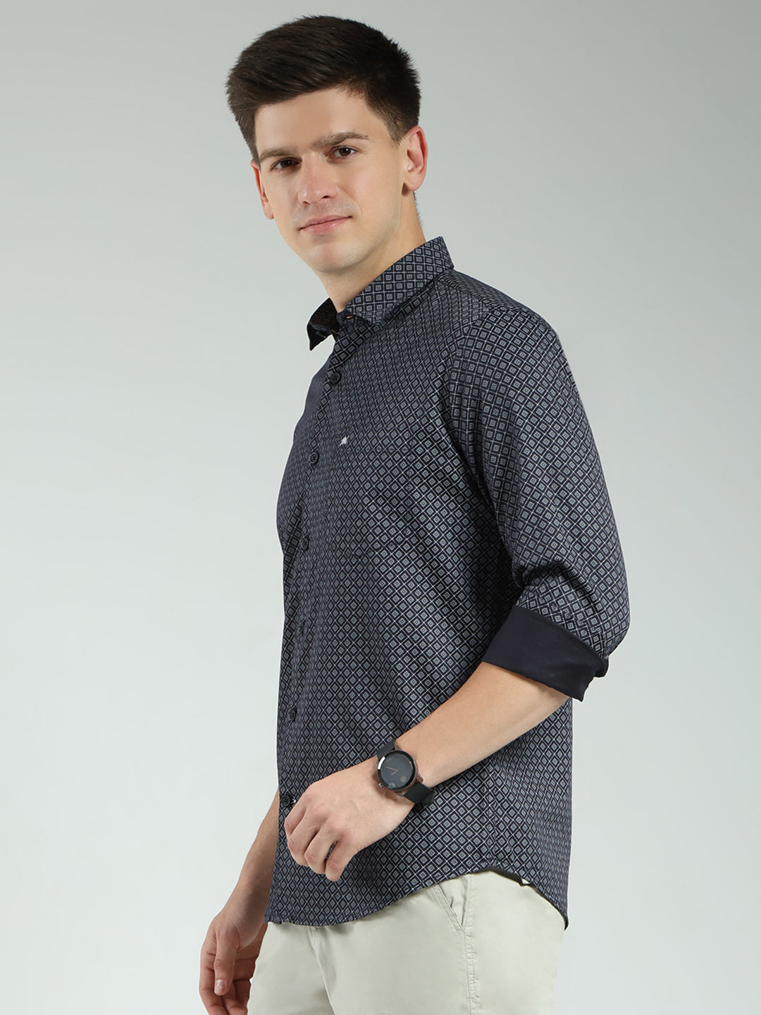 Men Navy Blue Printed Collar Full Sleeve Shirt