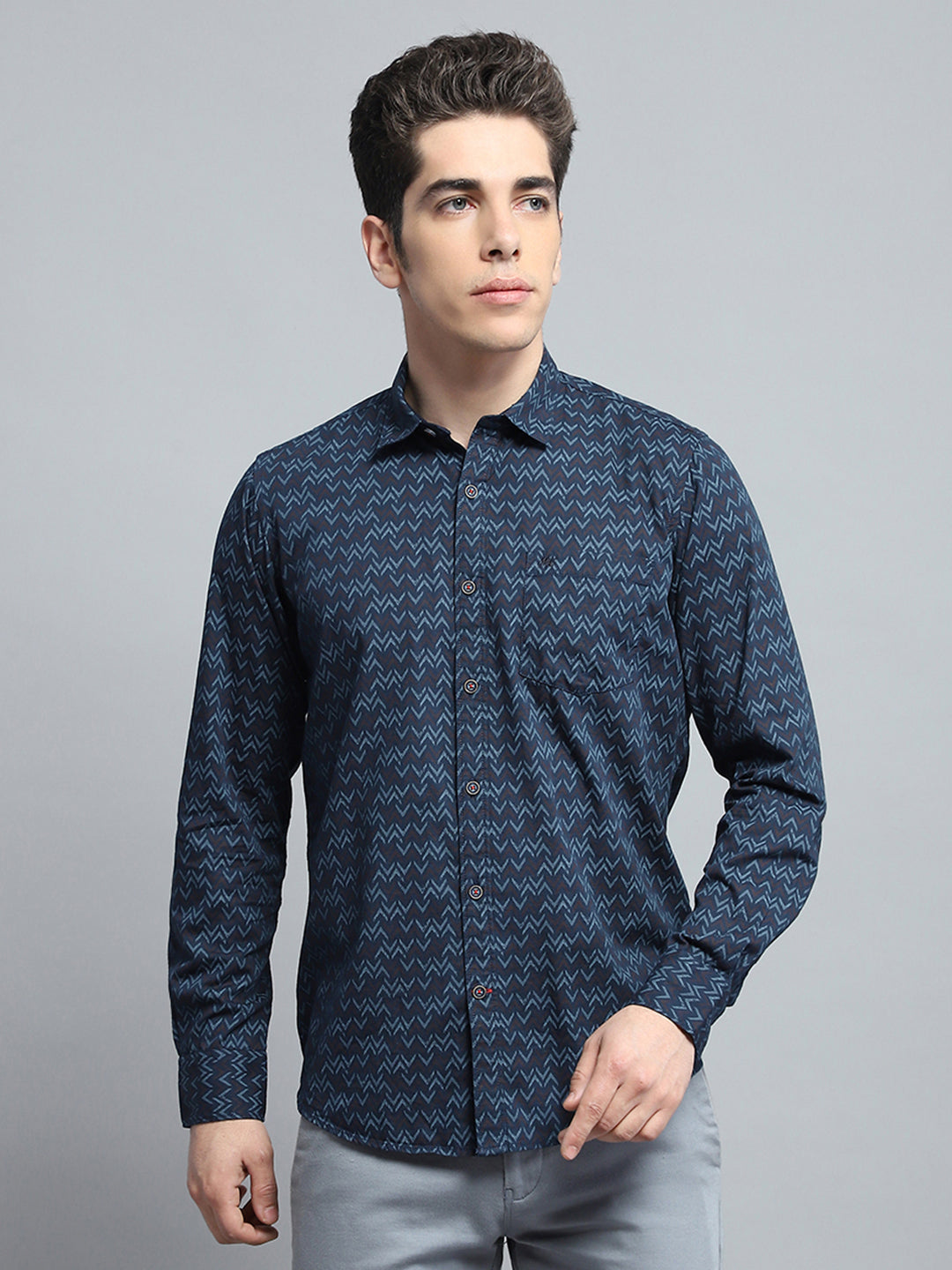 Men Navy Blue Printed Collar Full Sleeve Shirt