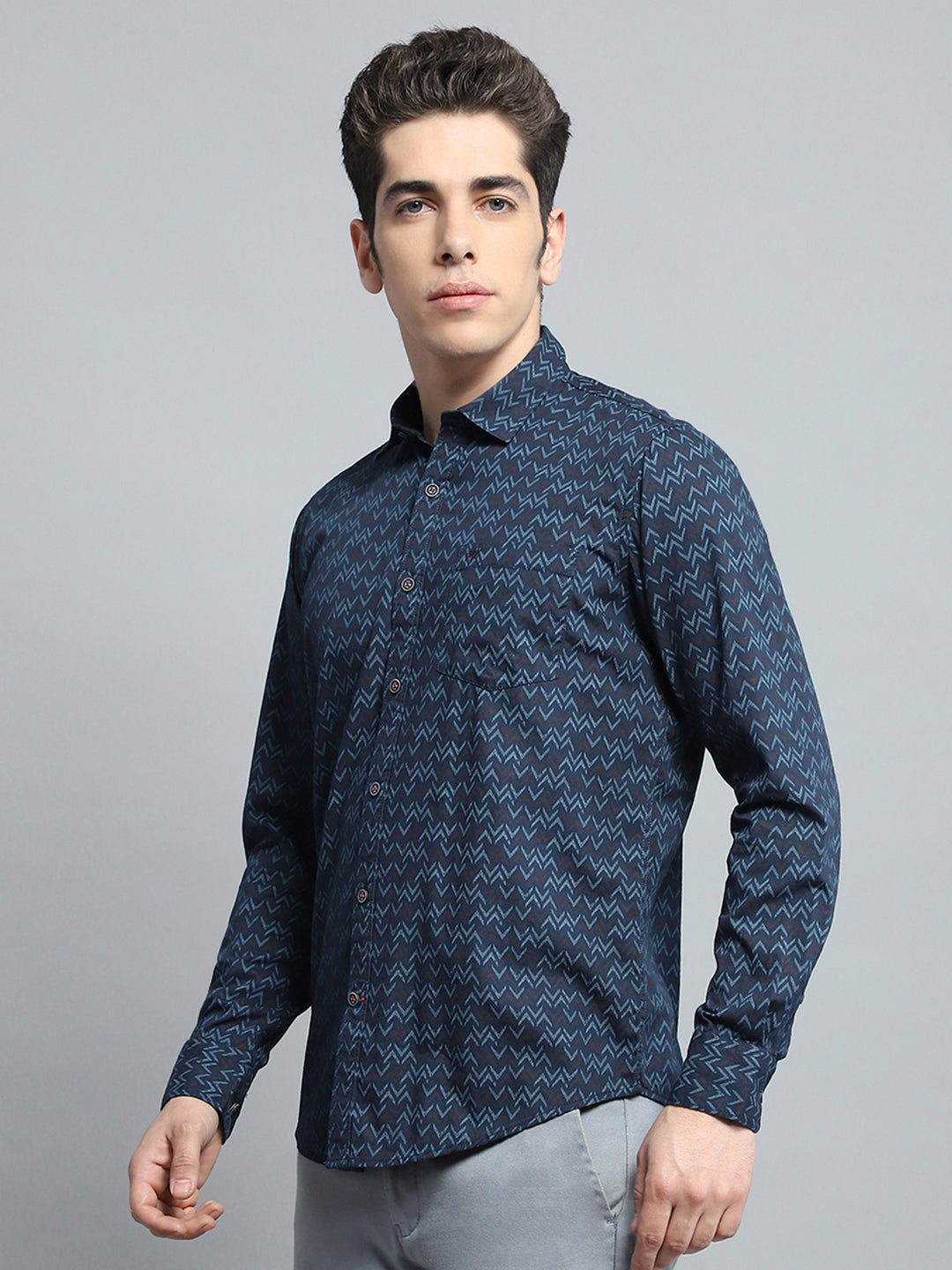 Men Navy Blue Printed Collar Full Sleeve Shirt