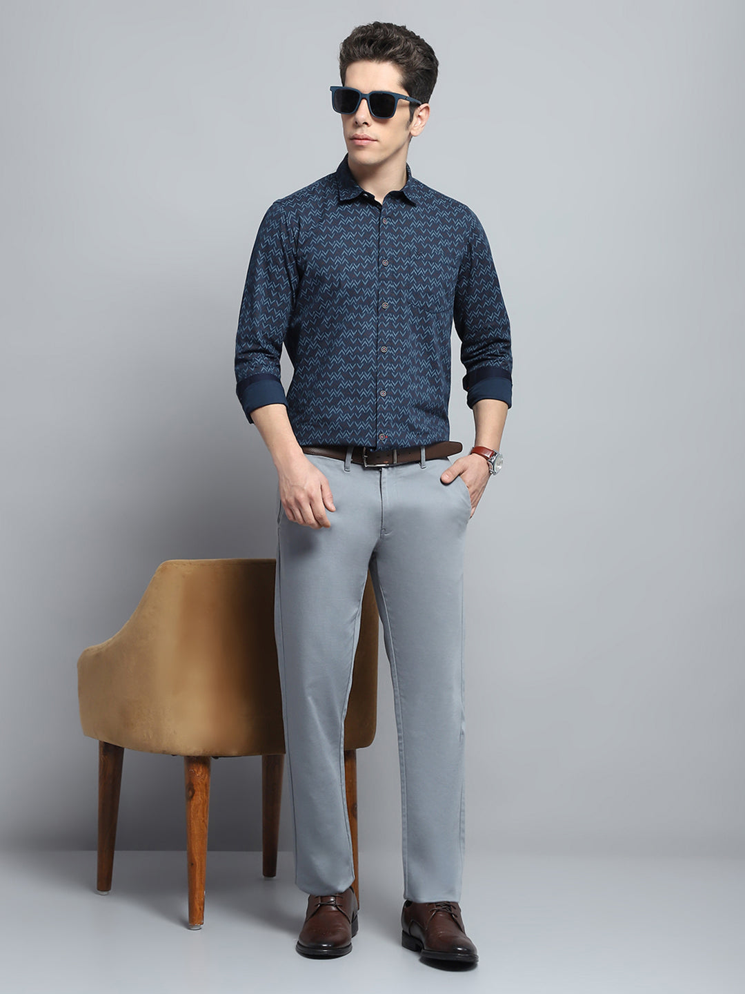 Men Navy Blue Printed Collar Full Sleeve Shirt