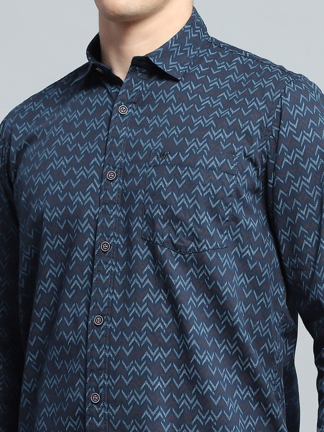 Men Navy Blue Printed Collar Full Sleeve Shirt