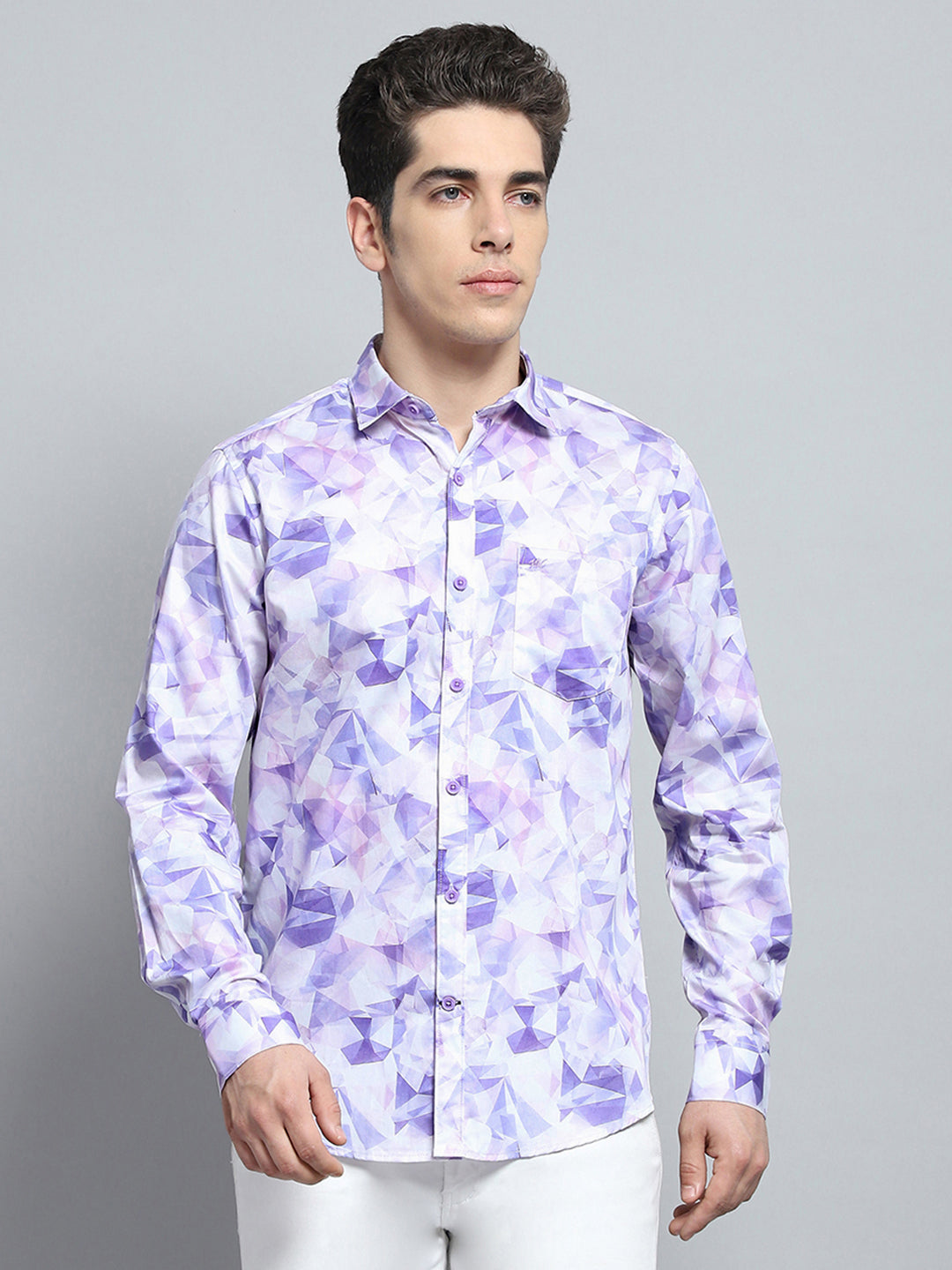 Men Purple Printed Collar Full Sleeve Shirt