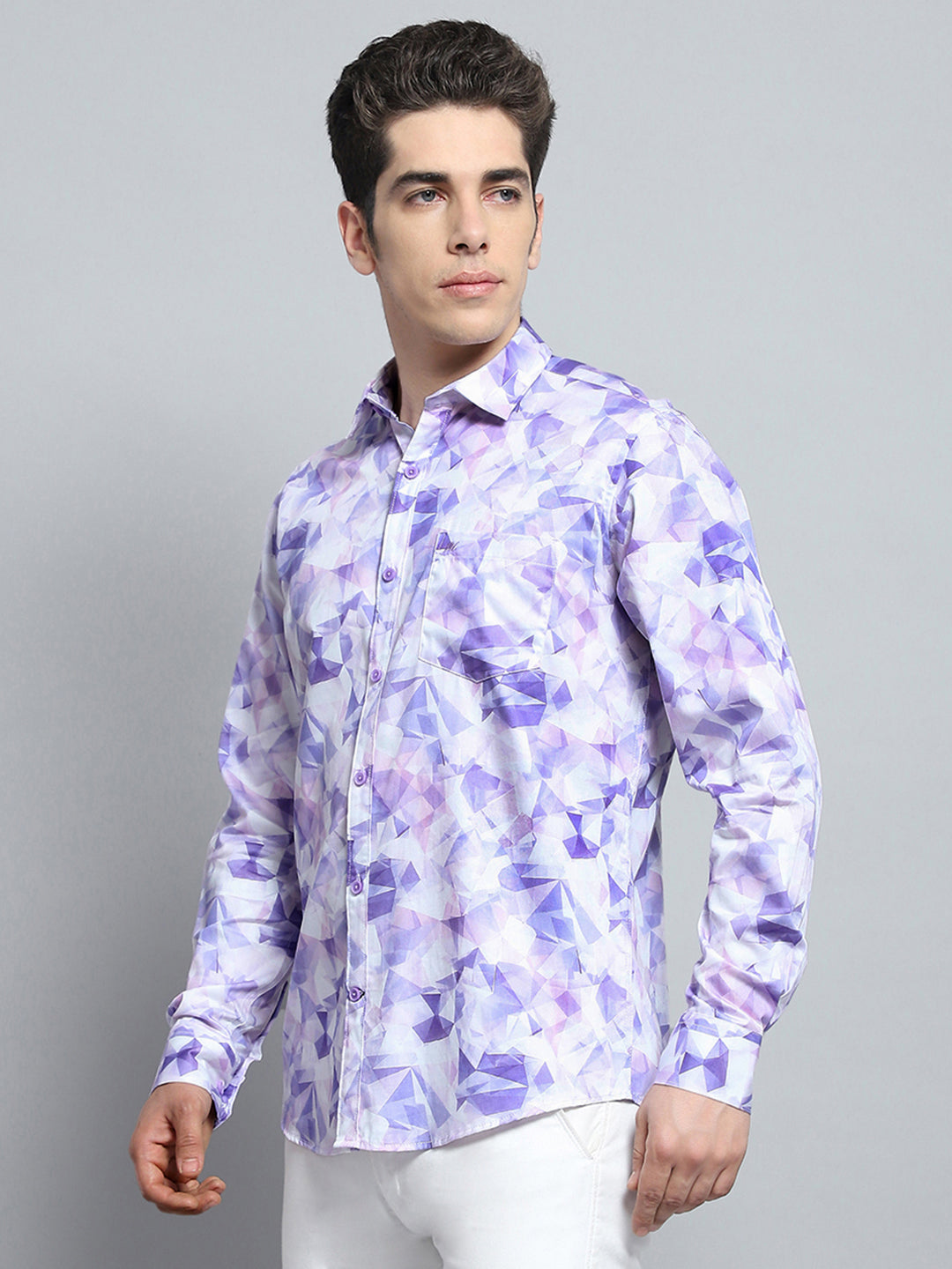 Men Purple Printed Collar Full Sleeve Shirt