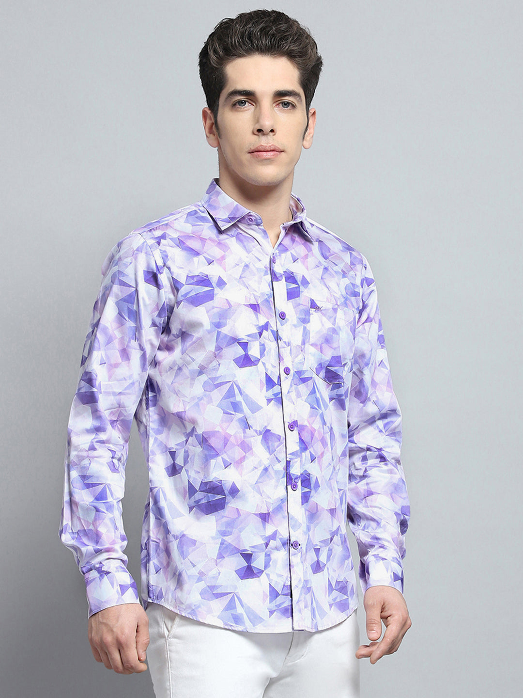 Men Purple Printed Collar Full Sleeve Shirt
