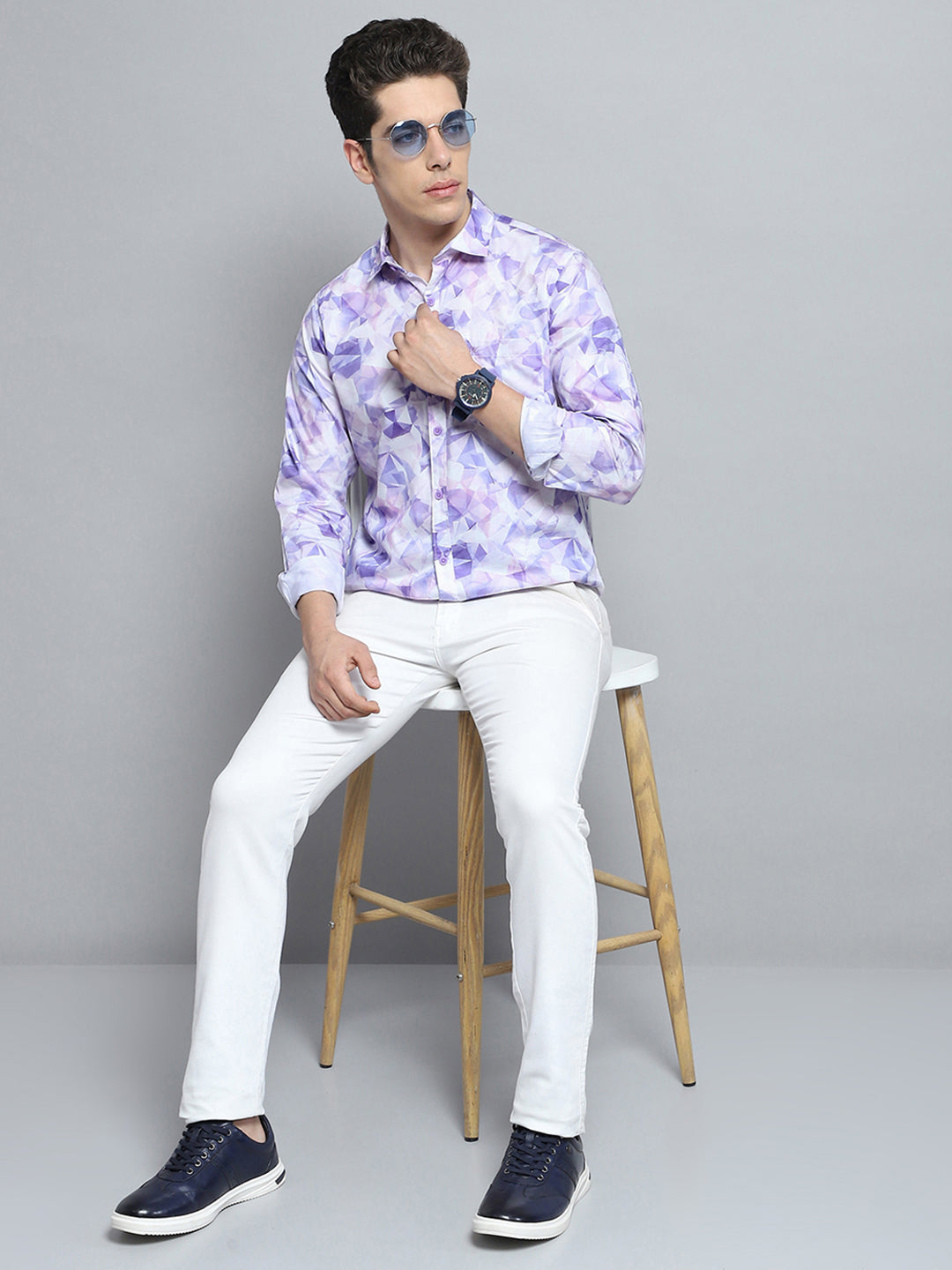 Men Purple Printed Collar Full Sleeve Shirt