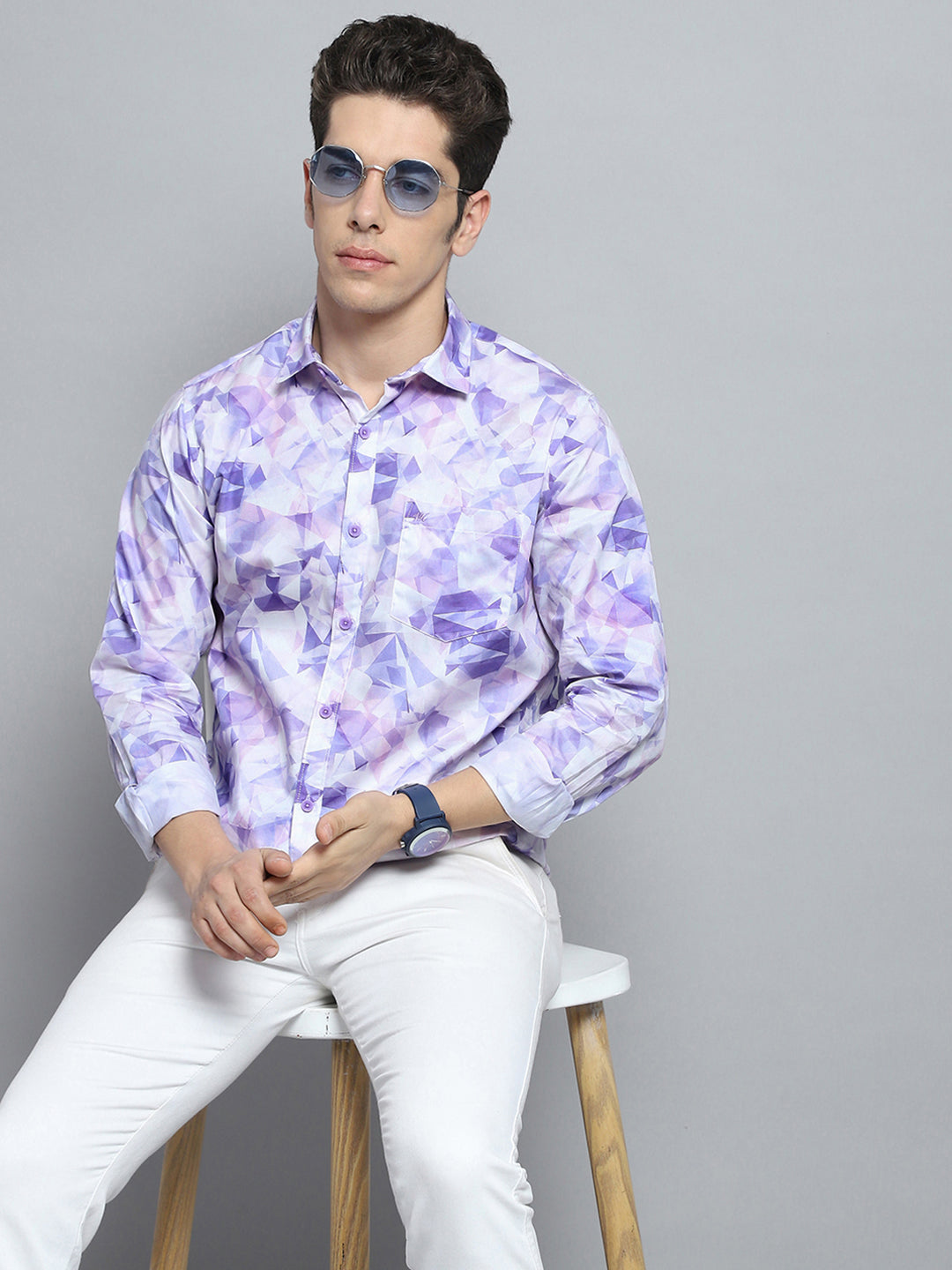 Men Purple Printed Collar Full Sleeve Shirt