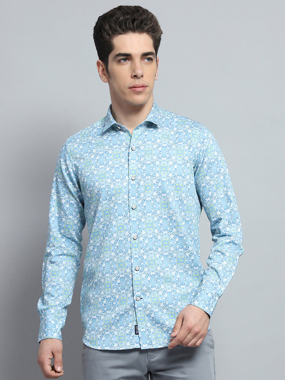 Men Blue Printed Collar Full Sleeve Shirt