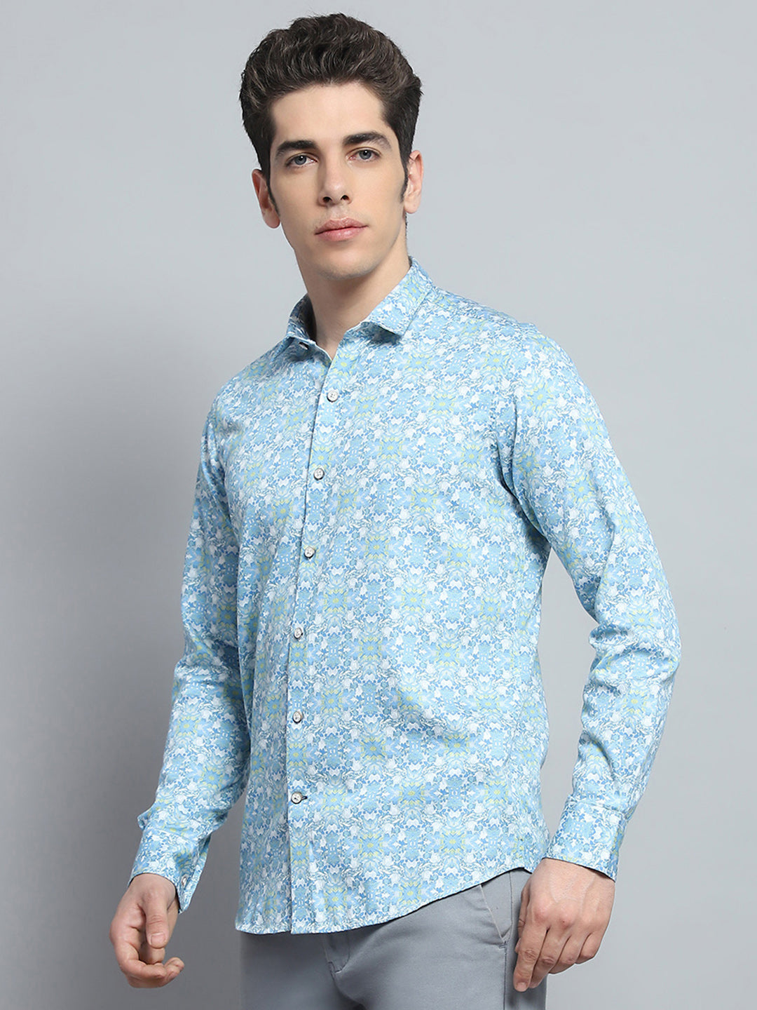 Men Blue Printed Collar Full Sleeve Shirt