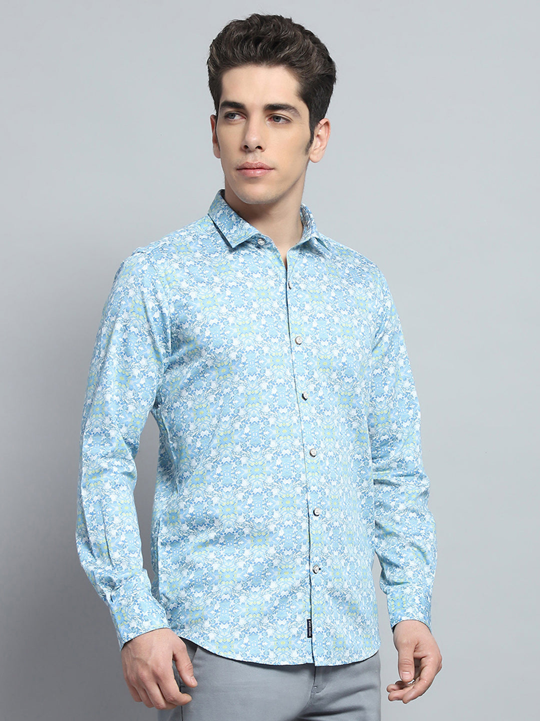 Men Blue Printed Collar Full Sleeve Shirt