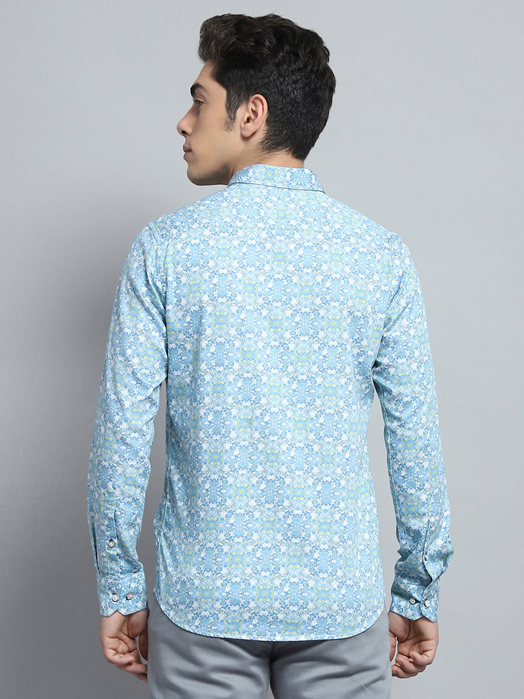 Men Blue Printed Collar Full Sleeve Shirt