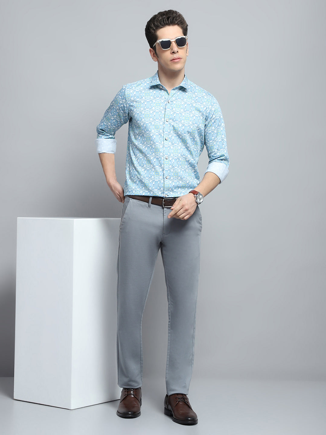 Men Blue Printed Collar Full Sleeve Shirt