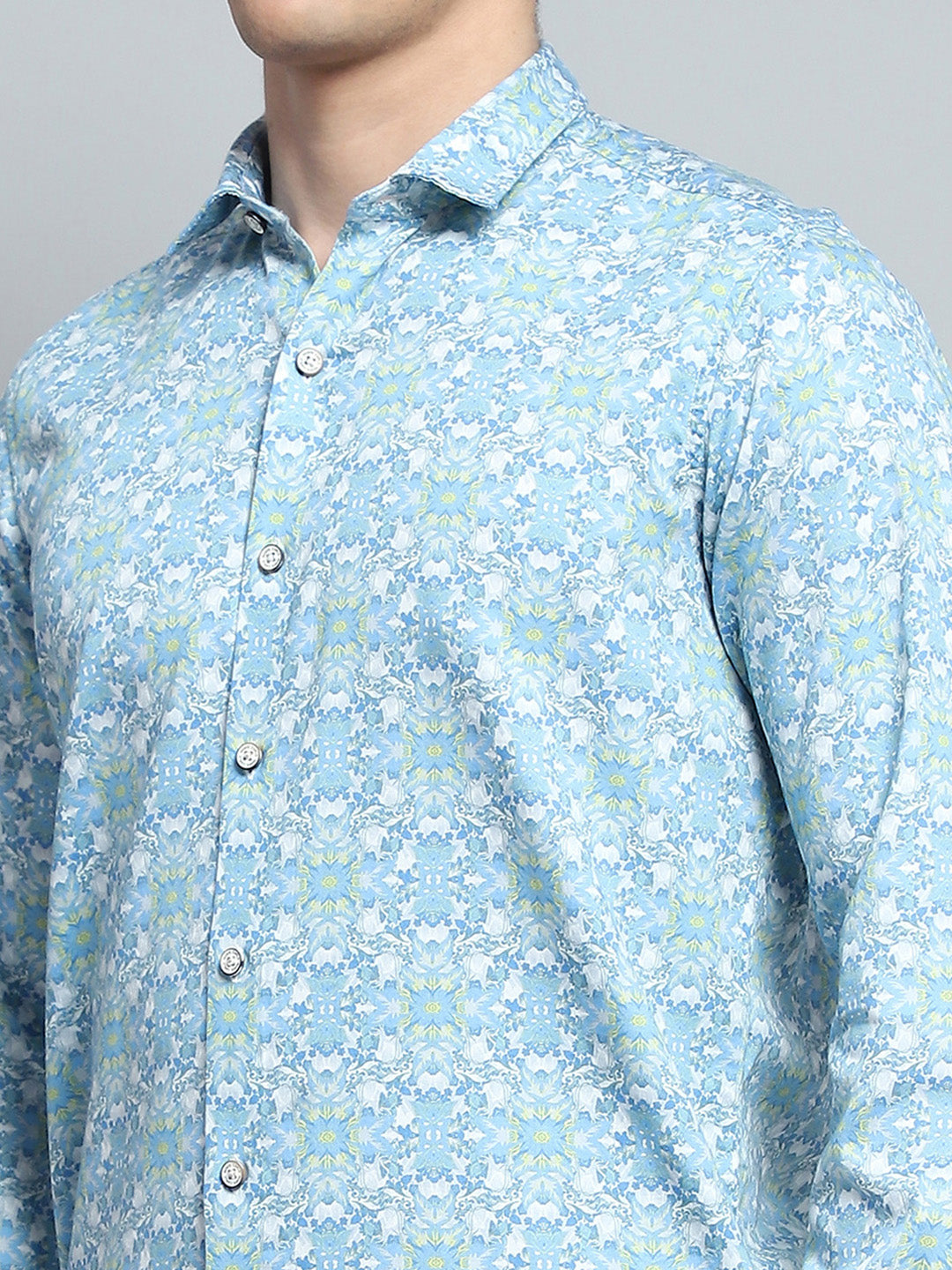 Men Blue Printed Collar Full Sleeve Shirt