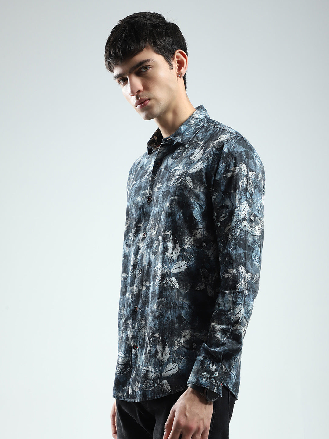 Men Blue Printed Collar Full Sleeve Shirt