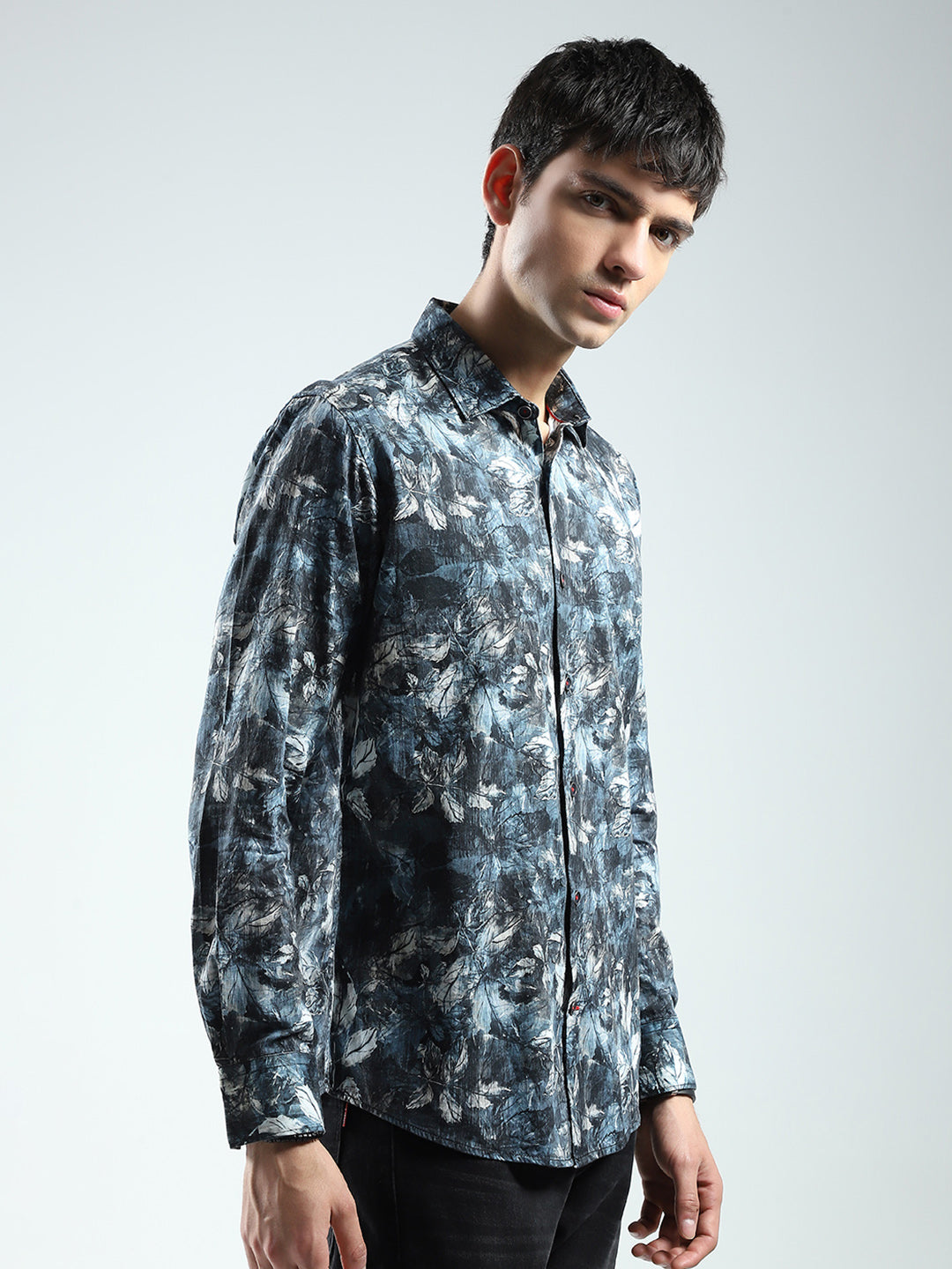 Men Blue Printed Collar Full Sleeve Shirt