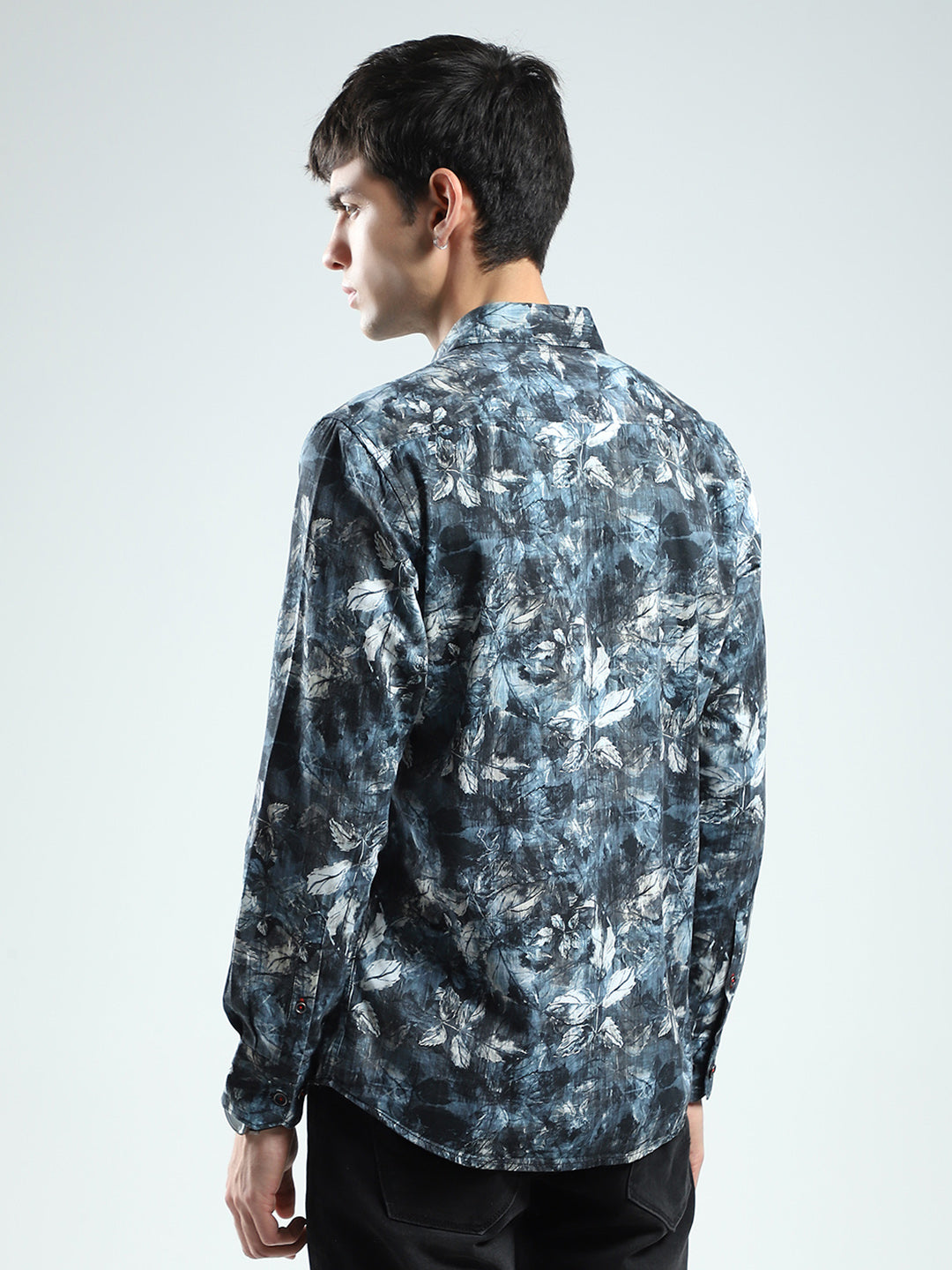 Men Blue Printed Collar Full Sleeve Shirt