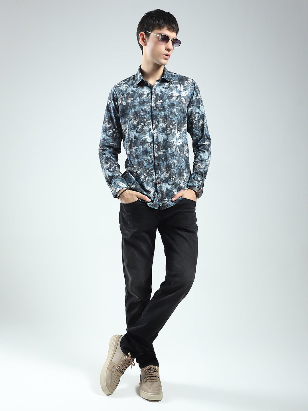 Men Blue Printed Collar Full Sleeve Shirt