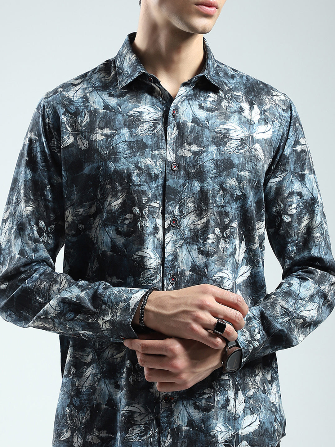 Men Blue Printed Collar Full Sleeve Shirt