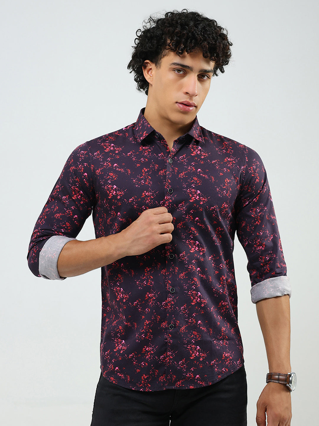 Men Burgundy Printed Collar Full Sleeve Shirt