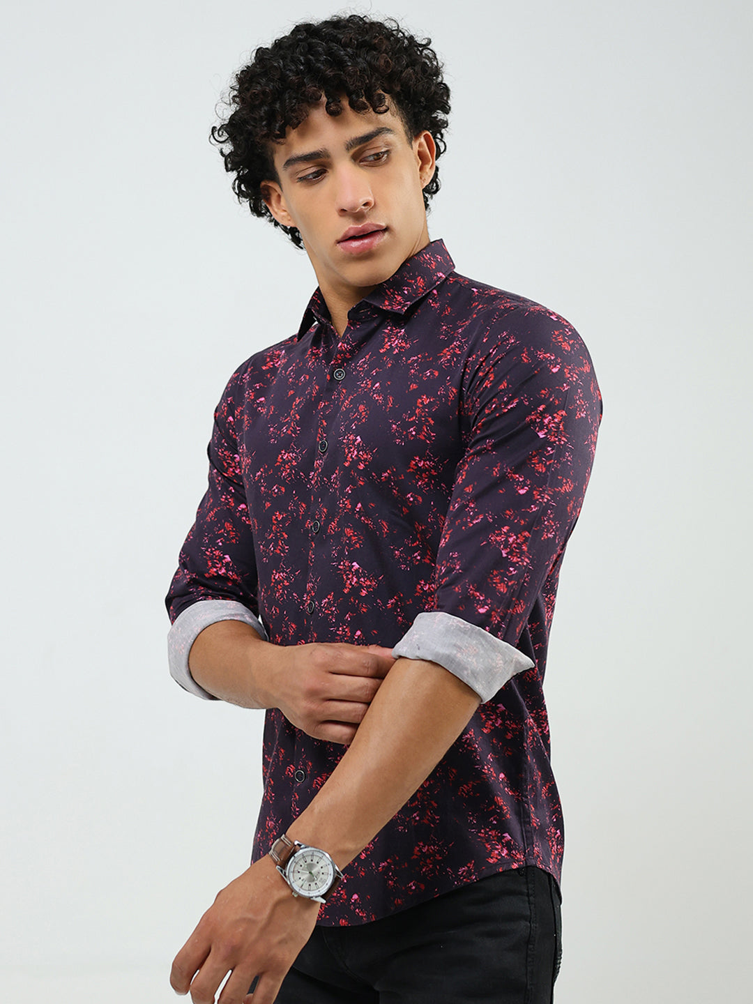 Men Burgundy Printed Collar Full Sleeve Shirt