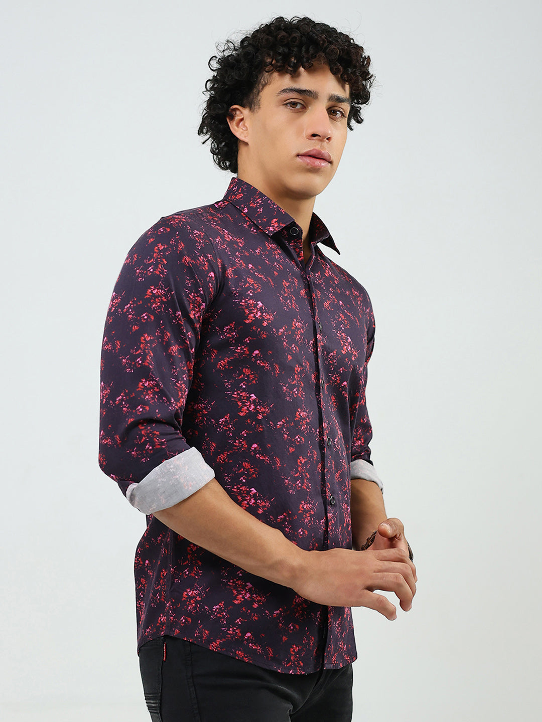 Men Burgundy Printed Collar Full Sleeve Shirt