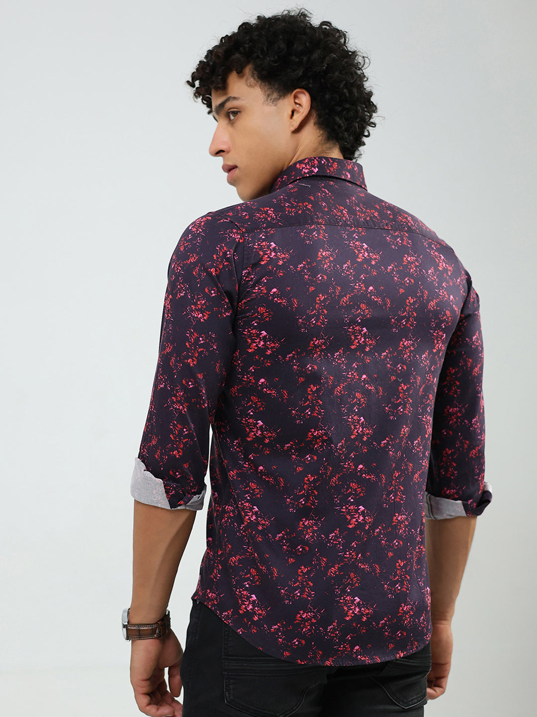 Men Burgundy Printed Collar Full Sleeve Shirt