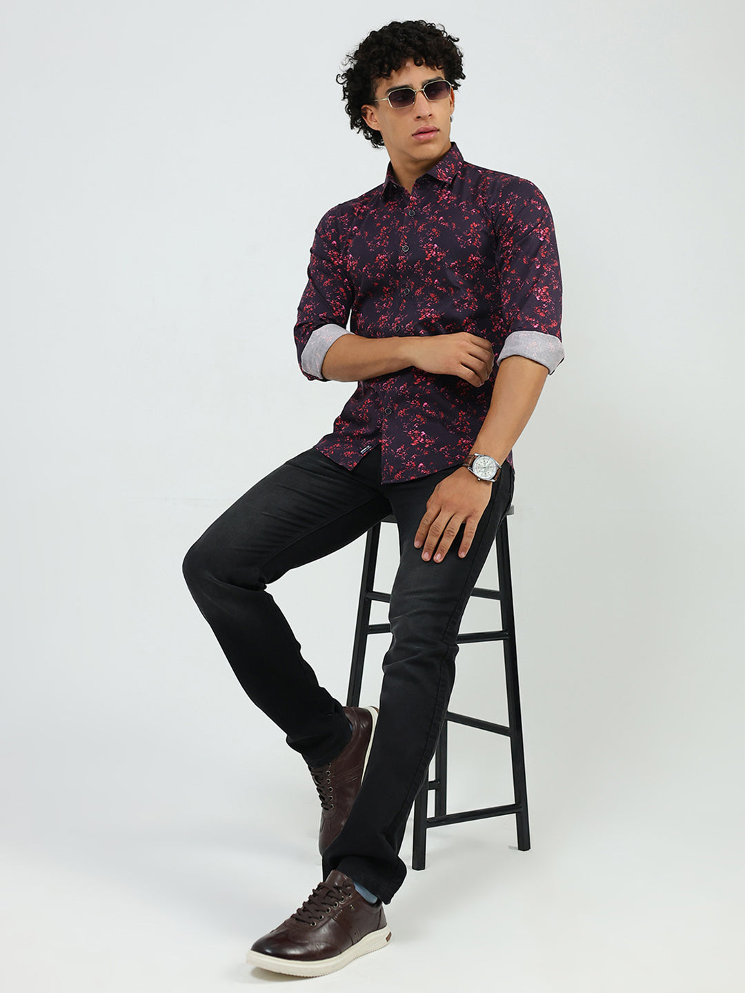 Men Burgundy Printed Collar Full Sleeve Shirt