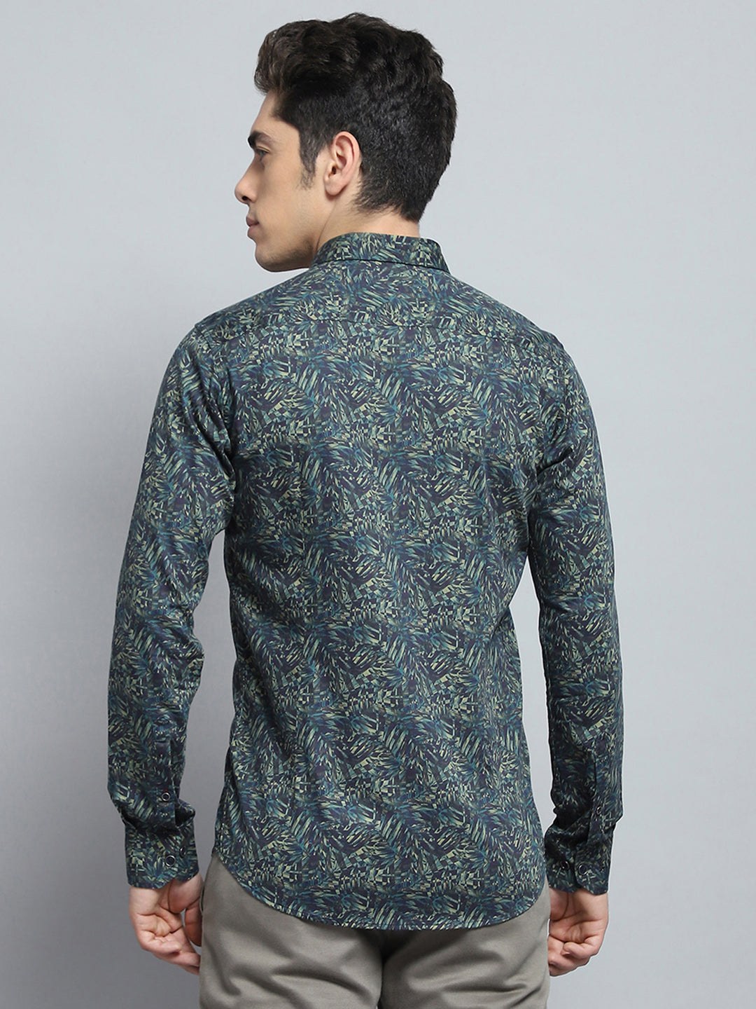 Men Green Printed Collar Full Sleeve Shirt