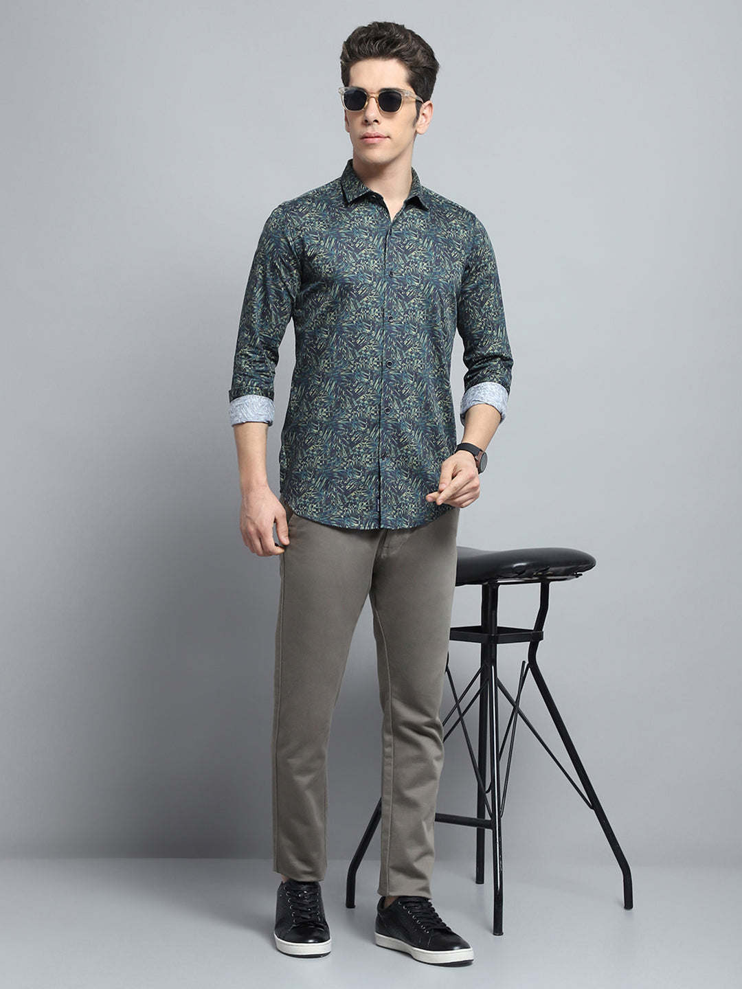 Men Green Printed Collar Full Sleeve Shirt