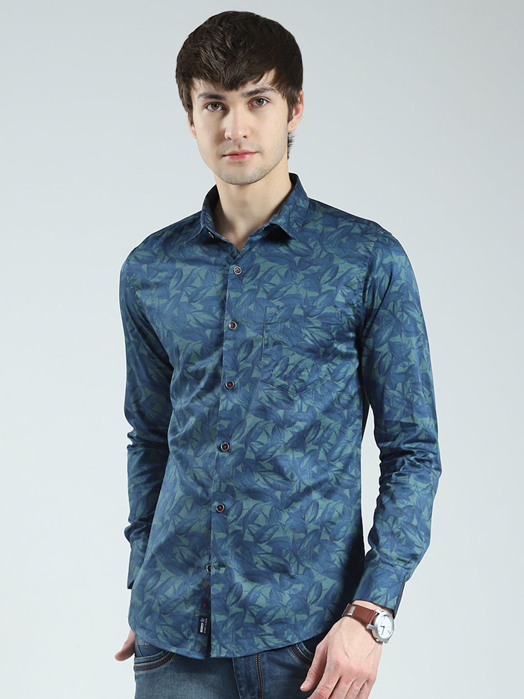 Men Green Printed Collar Full Sleeve Shirt