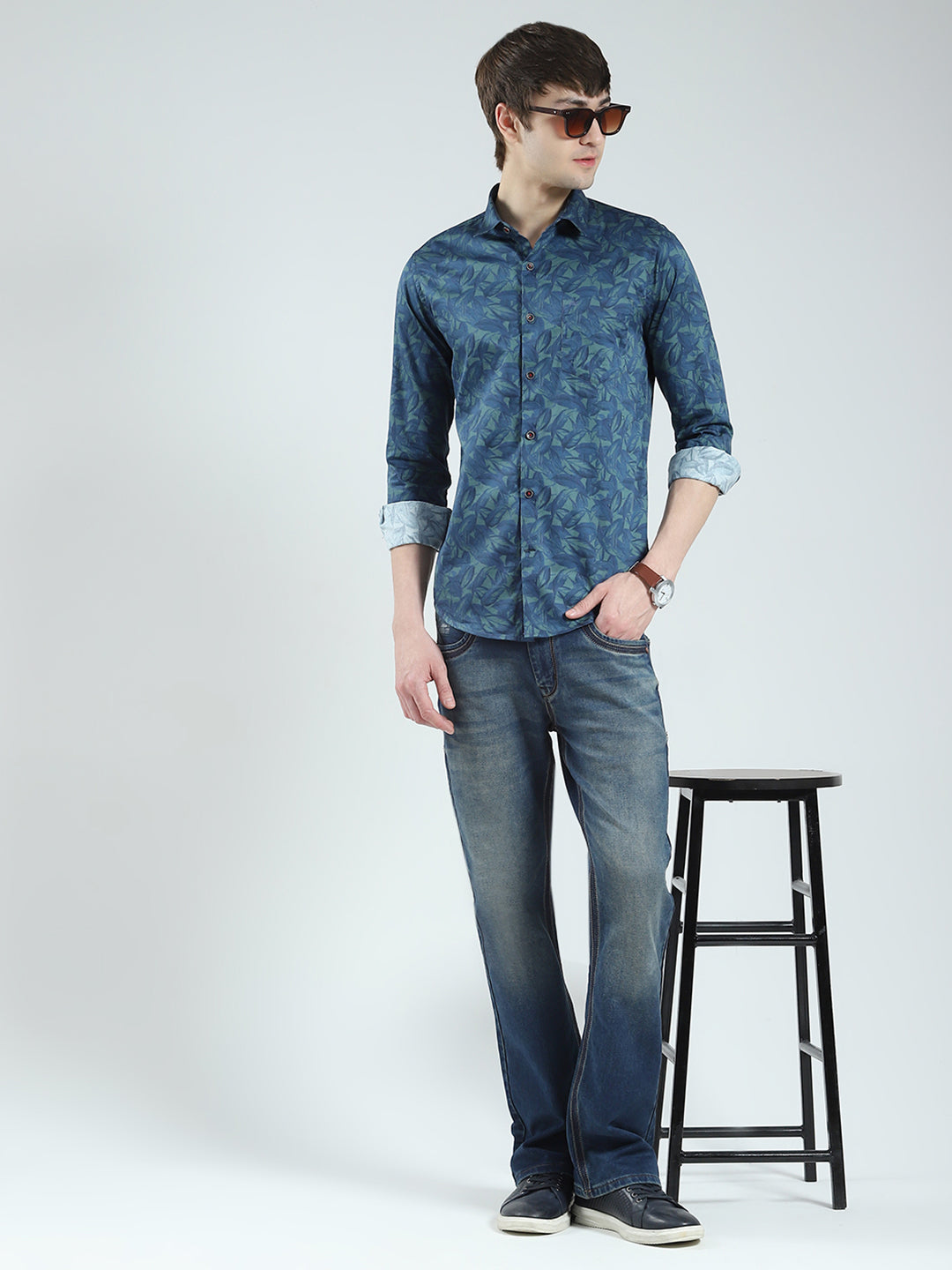 Men Green Printed Collar Full Sleeve Shirt