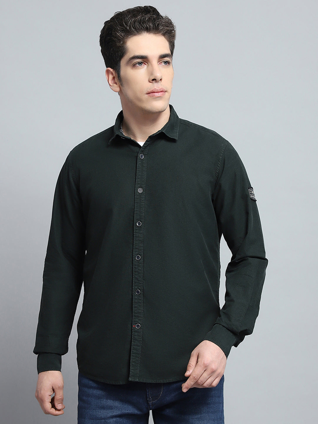 Men Olive Solid Collar Full Sleeve Shirt