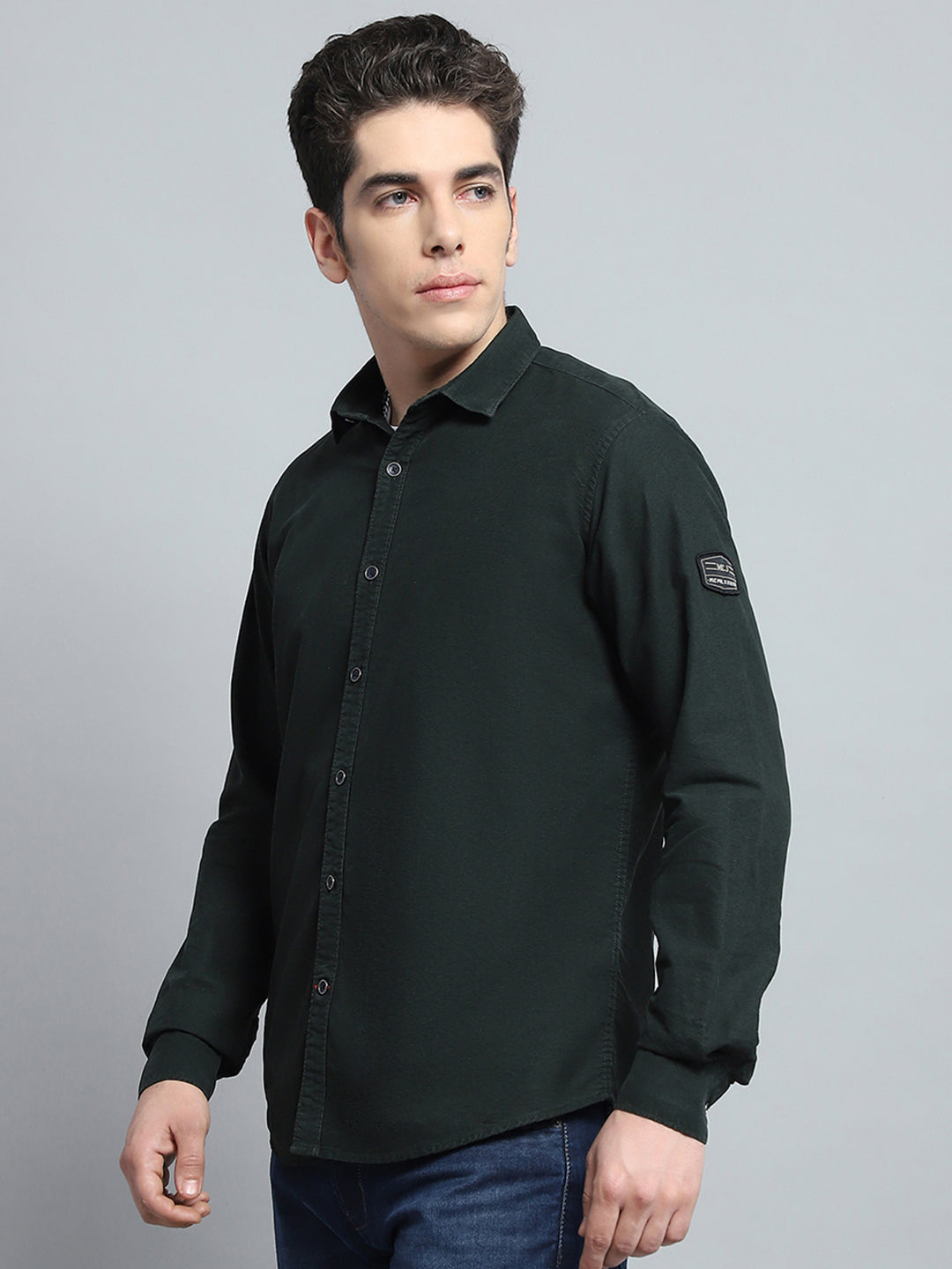 Men Olive Solid Collar Full Sleeve Shirt