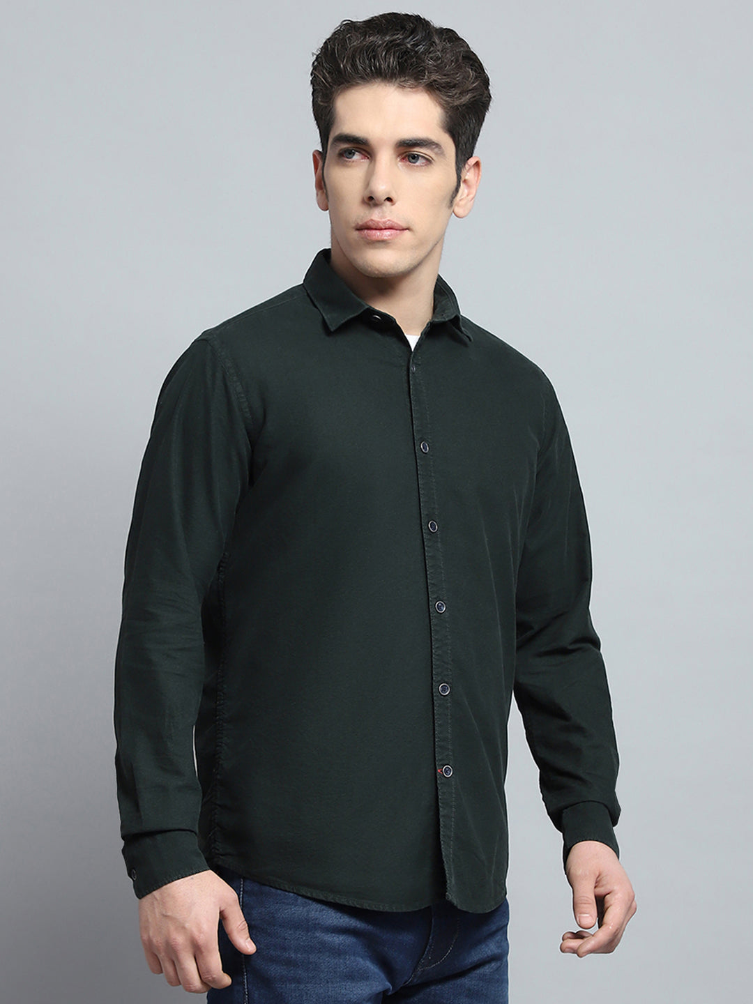 Men Olive Solid Collar Full Sleeve Shirt
