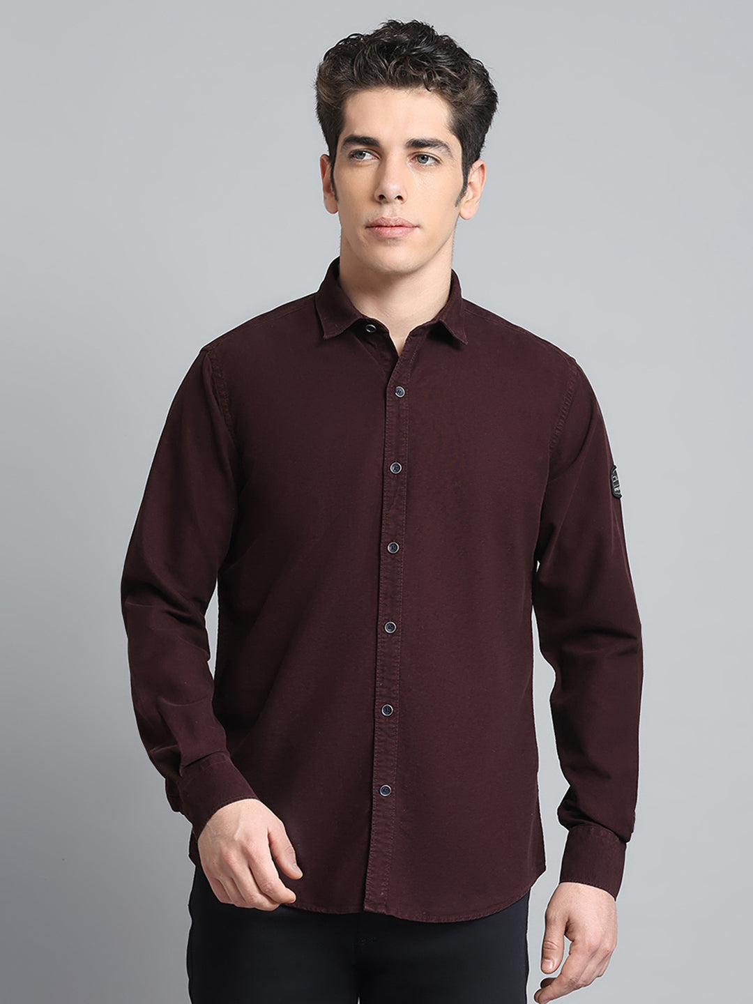 Men Maroon Solid Collar Full Sleeve Shirt