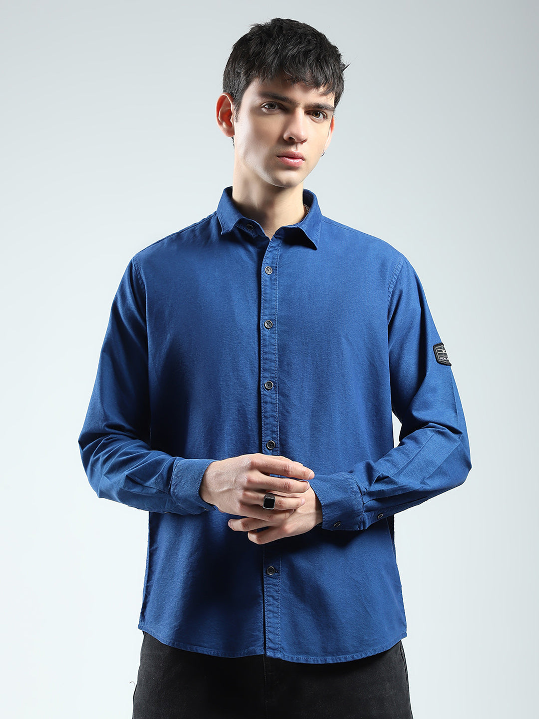 Men Blue Solid Collar Full Sleeve Shirt