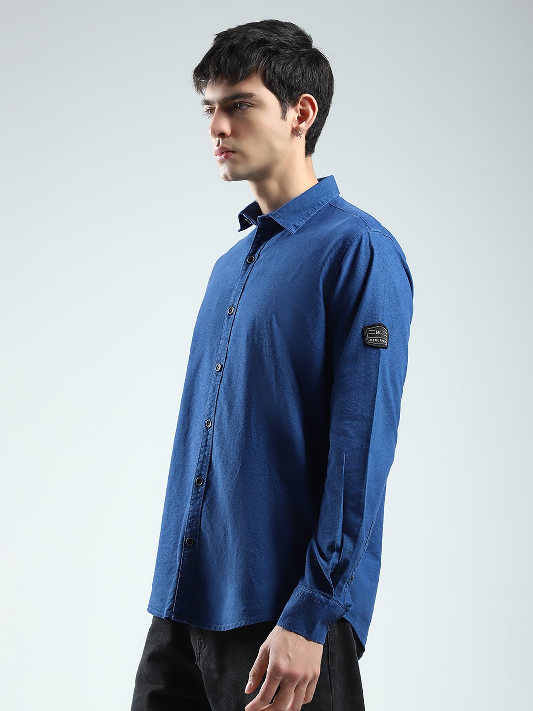 Men Blue Solid Collar Full Sleeve Shirt