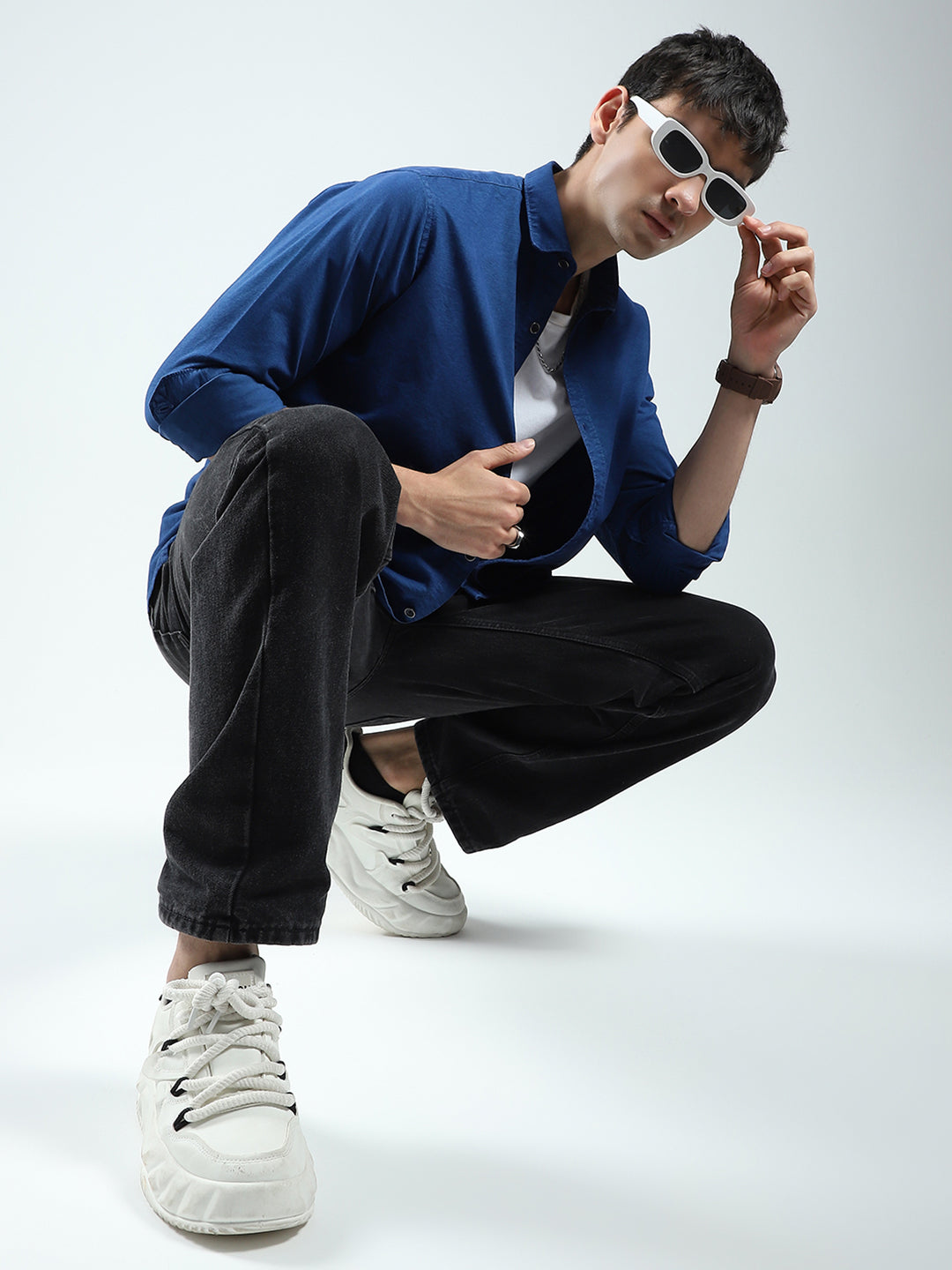 Men Blue Solid Collar Full Sleeve Shirt