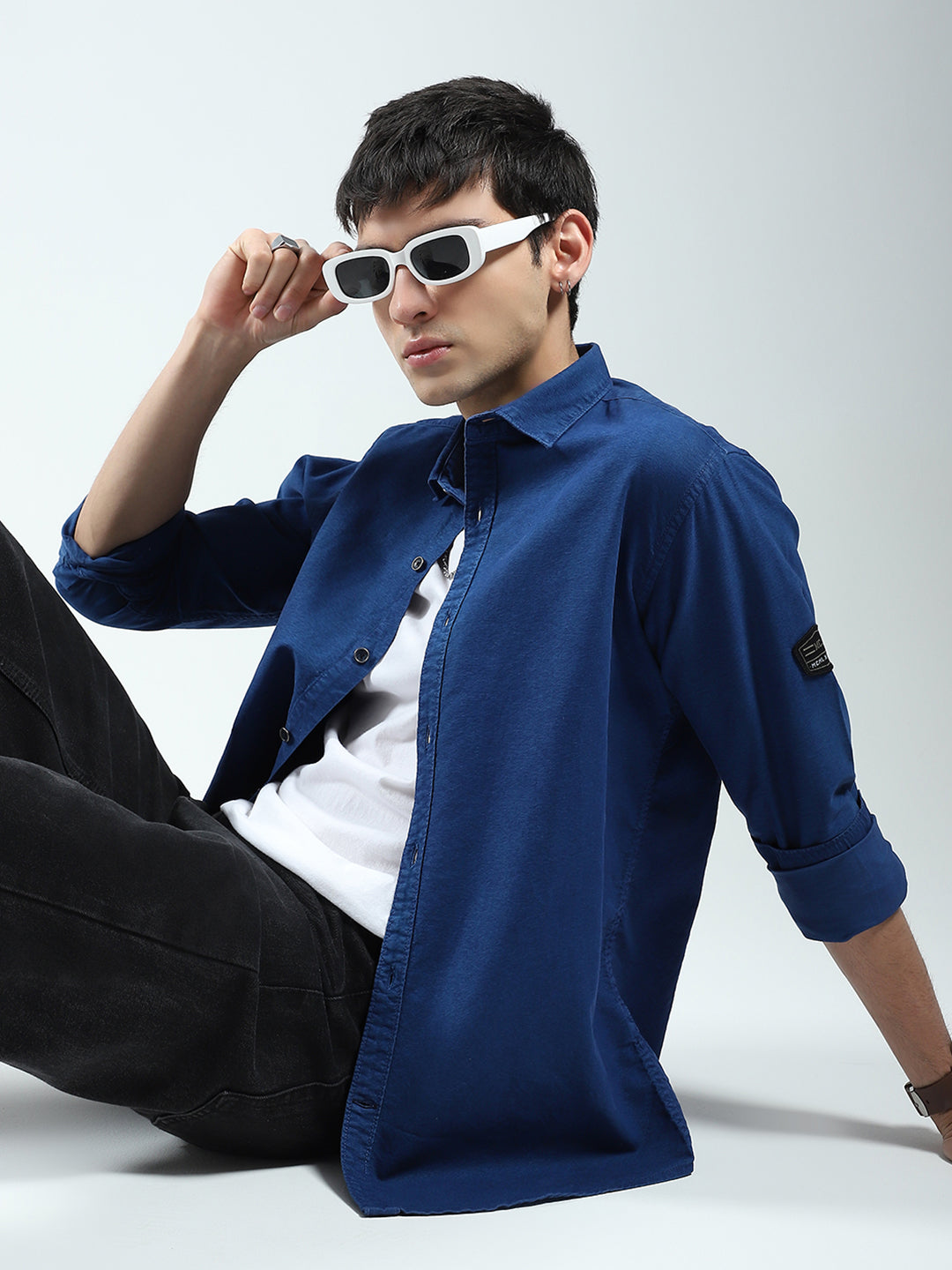 Men Blue Solid Collar Full Sleeve Shirt