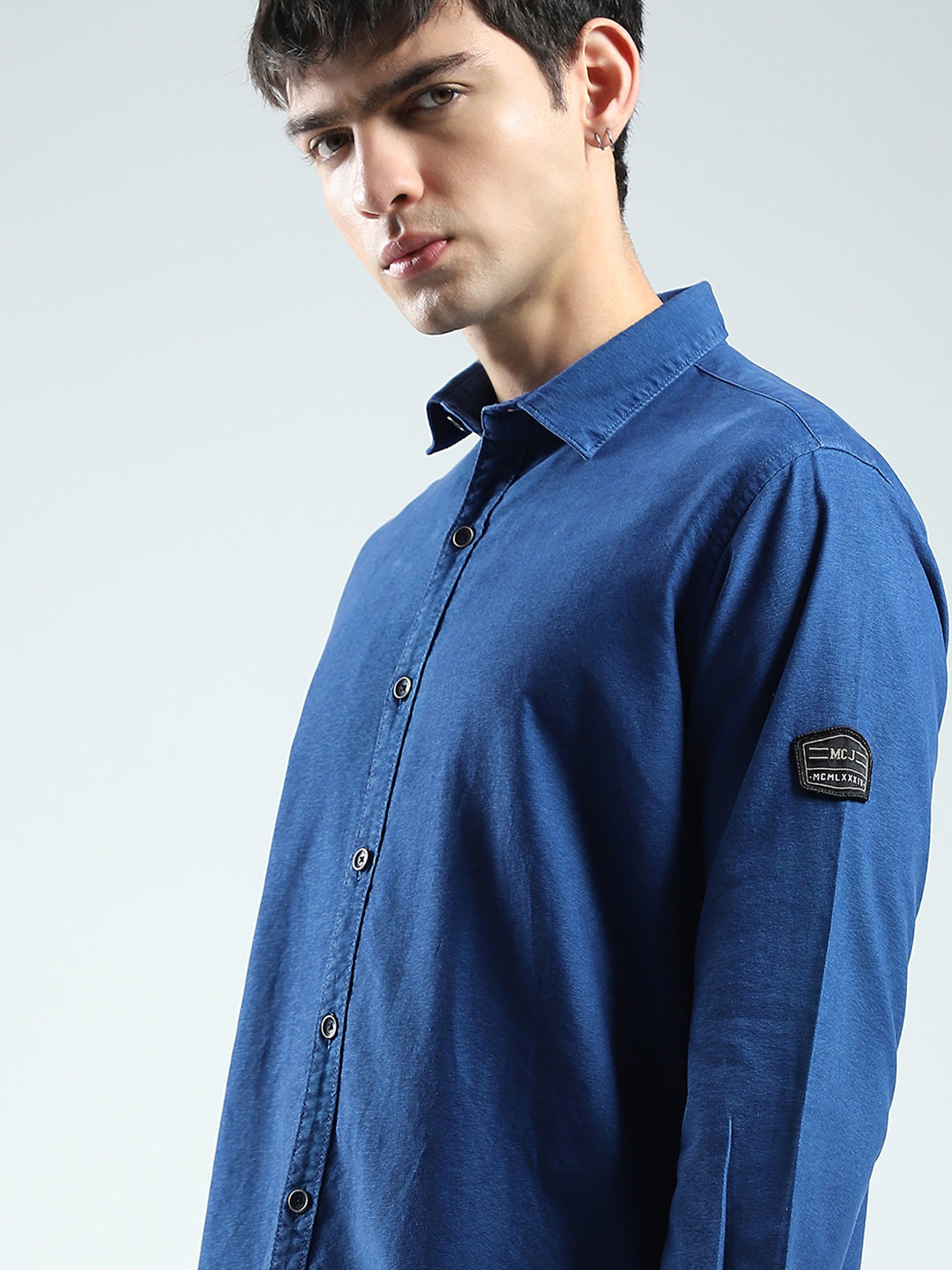 Men Blue Solid Collar Full Sleeve Shirt