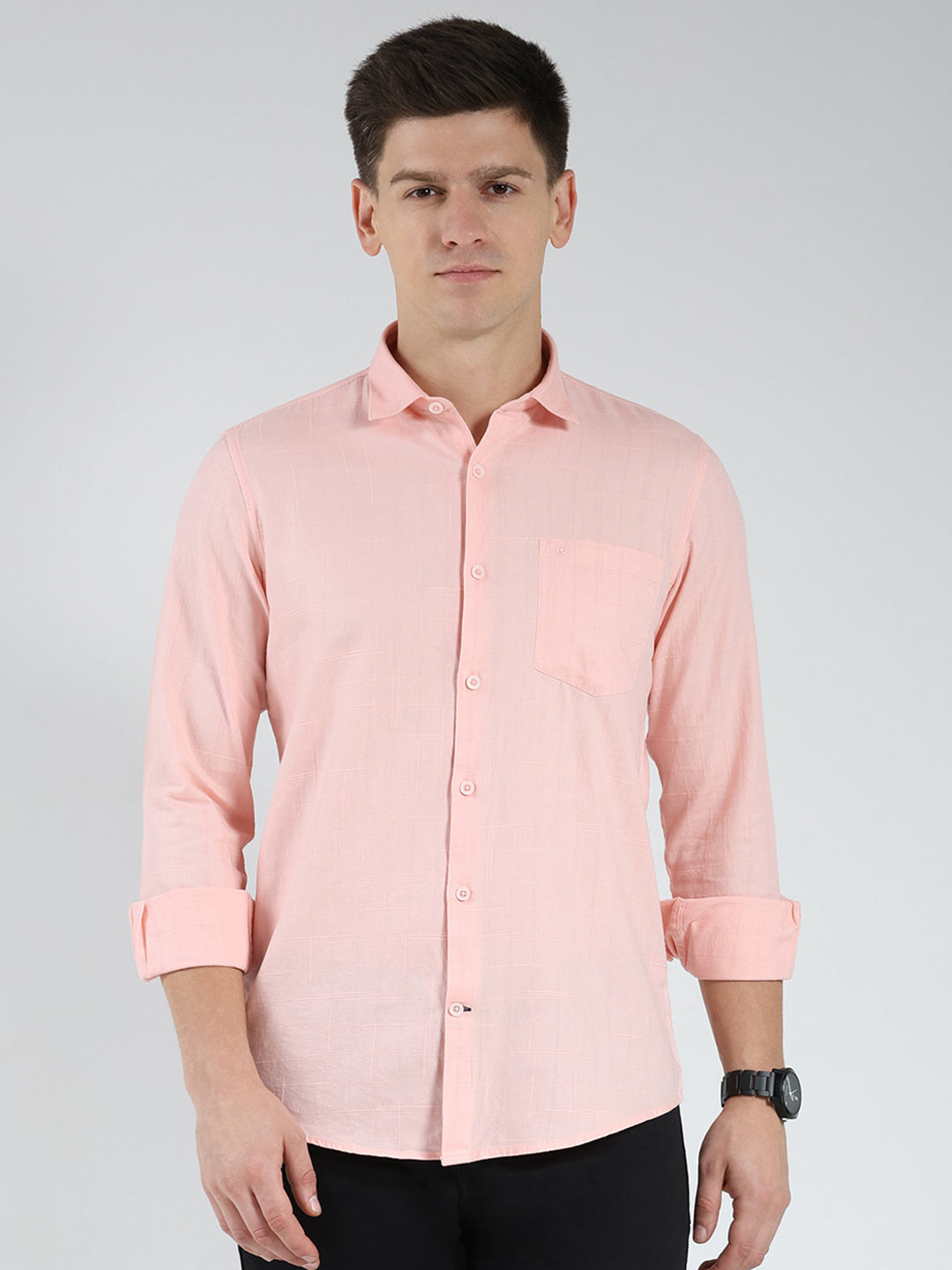 Men Peach Check Collar Full Sleeve Shirt