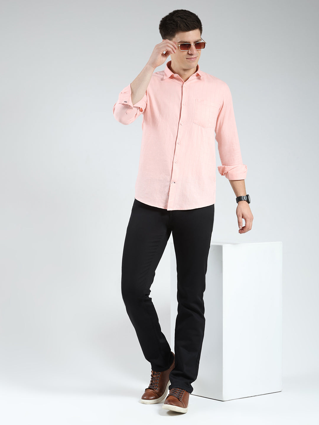 Men Peach Check Collar Full Sleeve Shirt