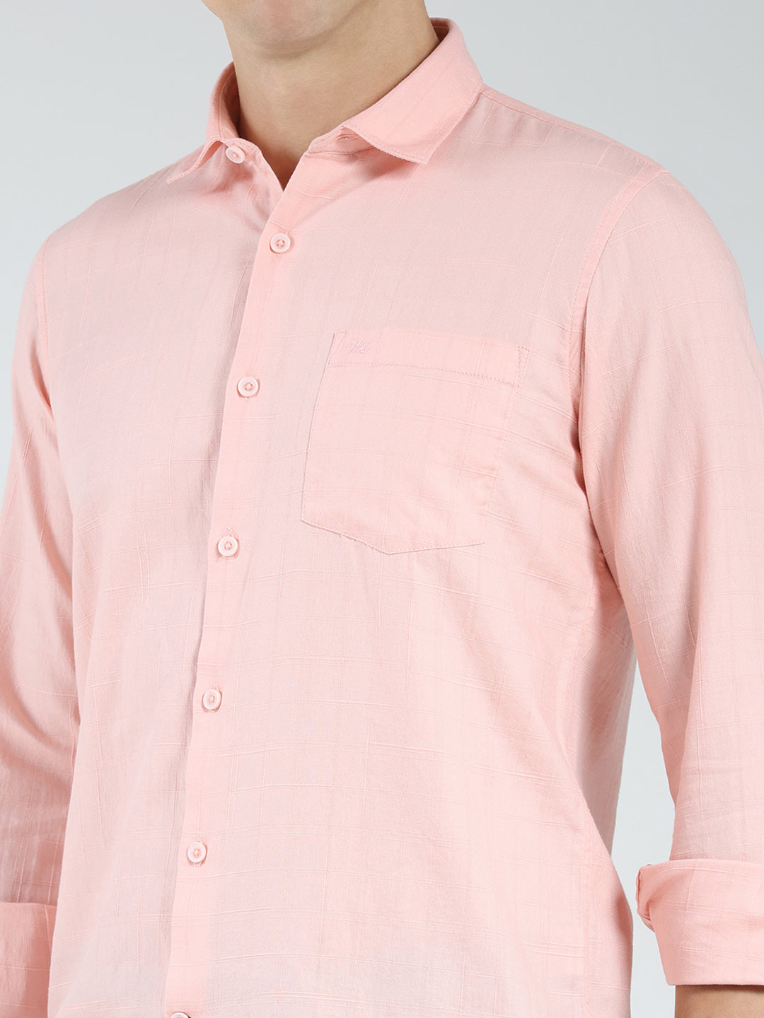 Men Peach Check Collar Full Sleeve Shirt
